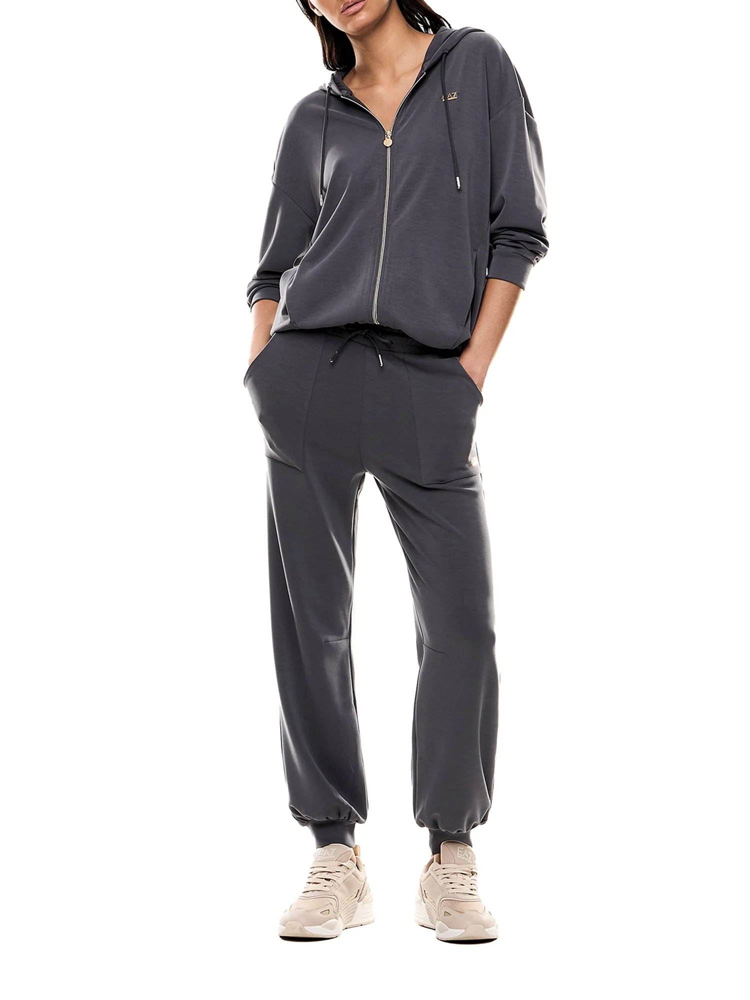 Felpa EA7 donna con cappuccio e zip logo applicato asfalto - Image 3