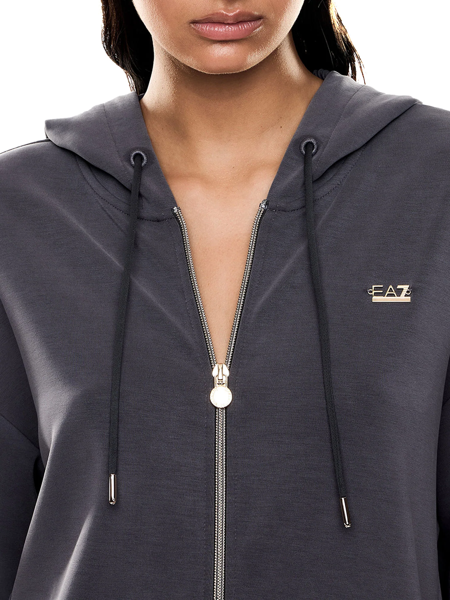 Felpa EA7 donna con cappuccio e zip logo applicato asfalto - Image 4