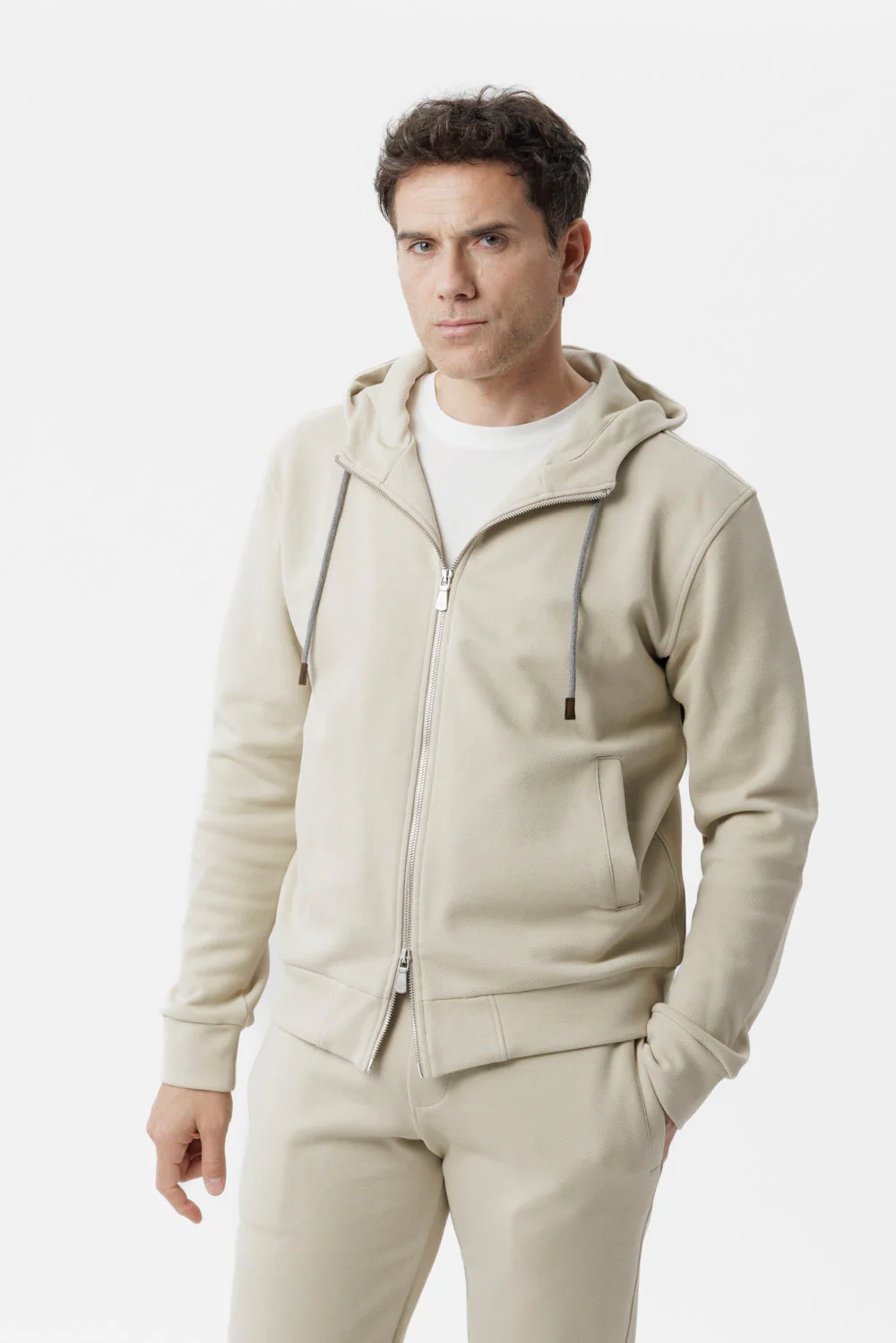 Felpa con cappuccio e zip sabbia