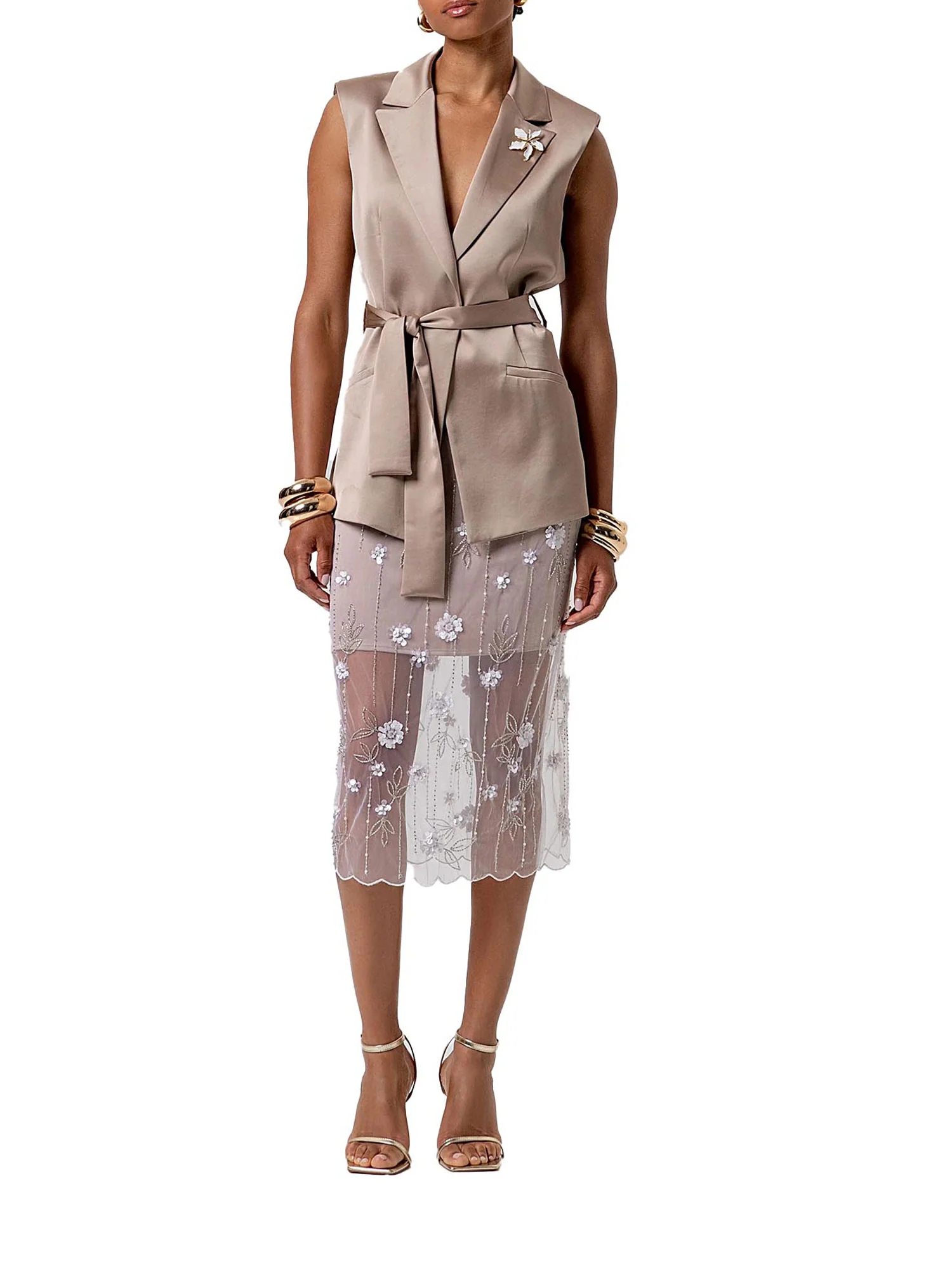 Gilet Fracomina Donna lungo con bottone e applicazione beige - Image 3