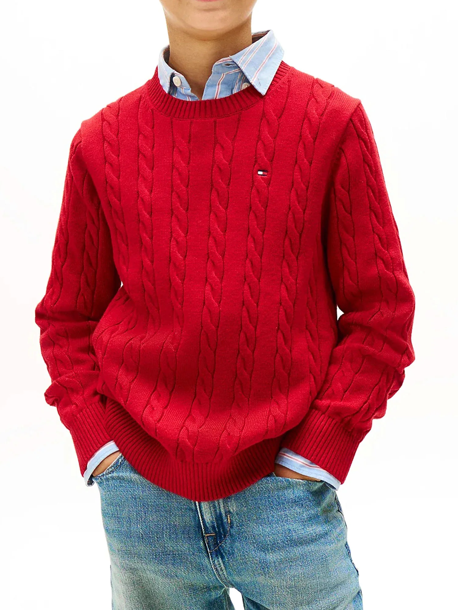 Maglione girocollo Tommy Hilfiger ragazzo lavorazione a trecce rosso - Image 2