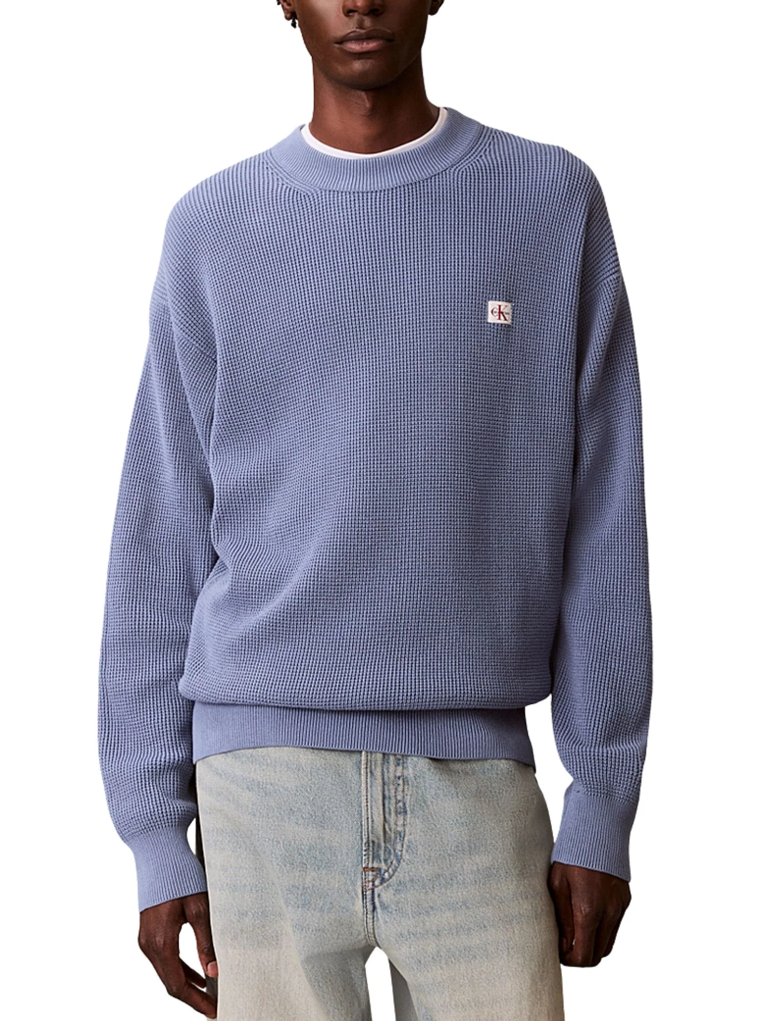 Maglia a girocollo con maniche lunghe Calvin Klein Jeans modello cotton waffle celeste