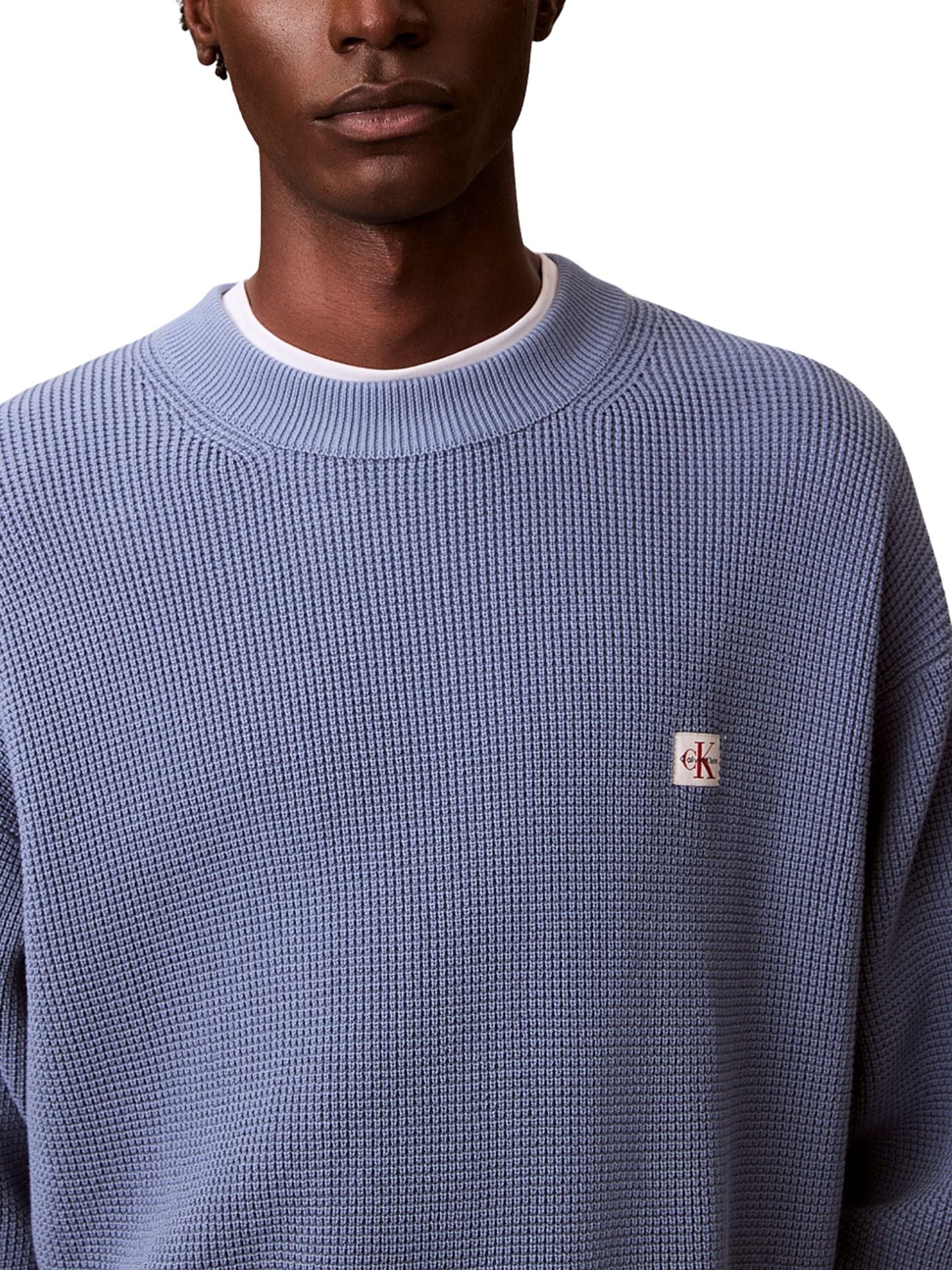 Maglia a girocollo con maniche lunghe Calvin Klein Jeans modello cotton waffle celeste - Image 3