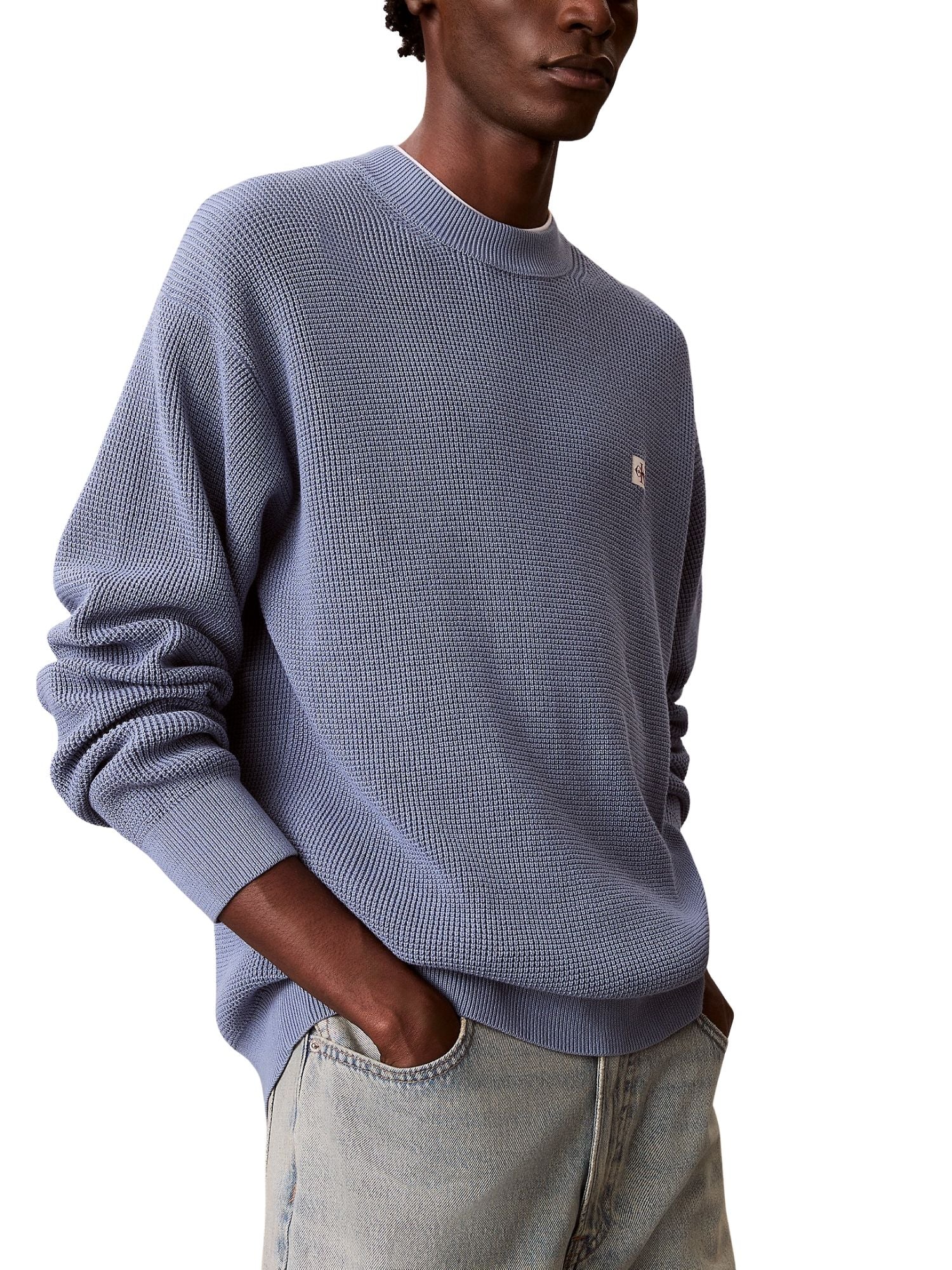 Maglia a girocollo con maniche lunghe Calvin Klein Jeans modello cotton waffle celeste - Image 4