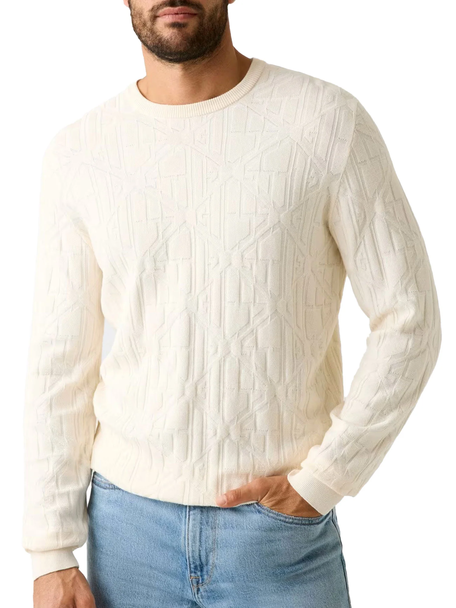 Girocollo Guess uomo manica lunga Kedar con logo crema