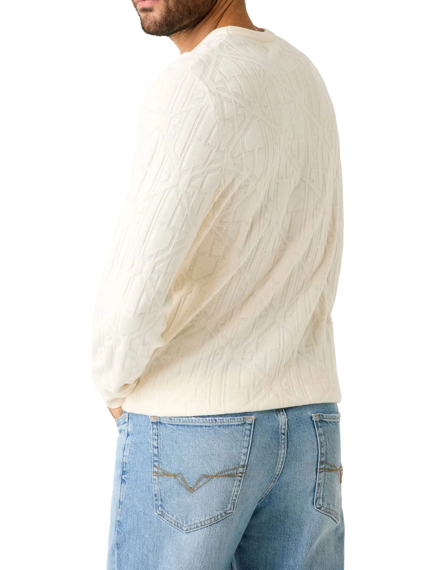 Girocollo Guess uomo manica lunga Kedar con logo crema - Image 2