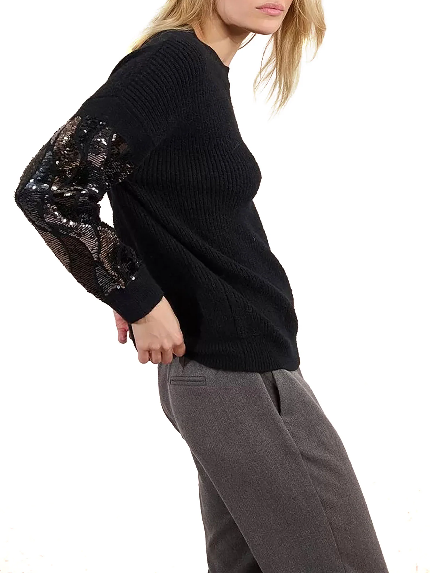 Girocollo Molly Bracken donna manica lunga con paillettes nero - Image 4