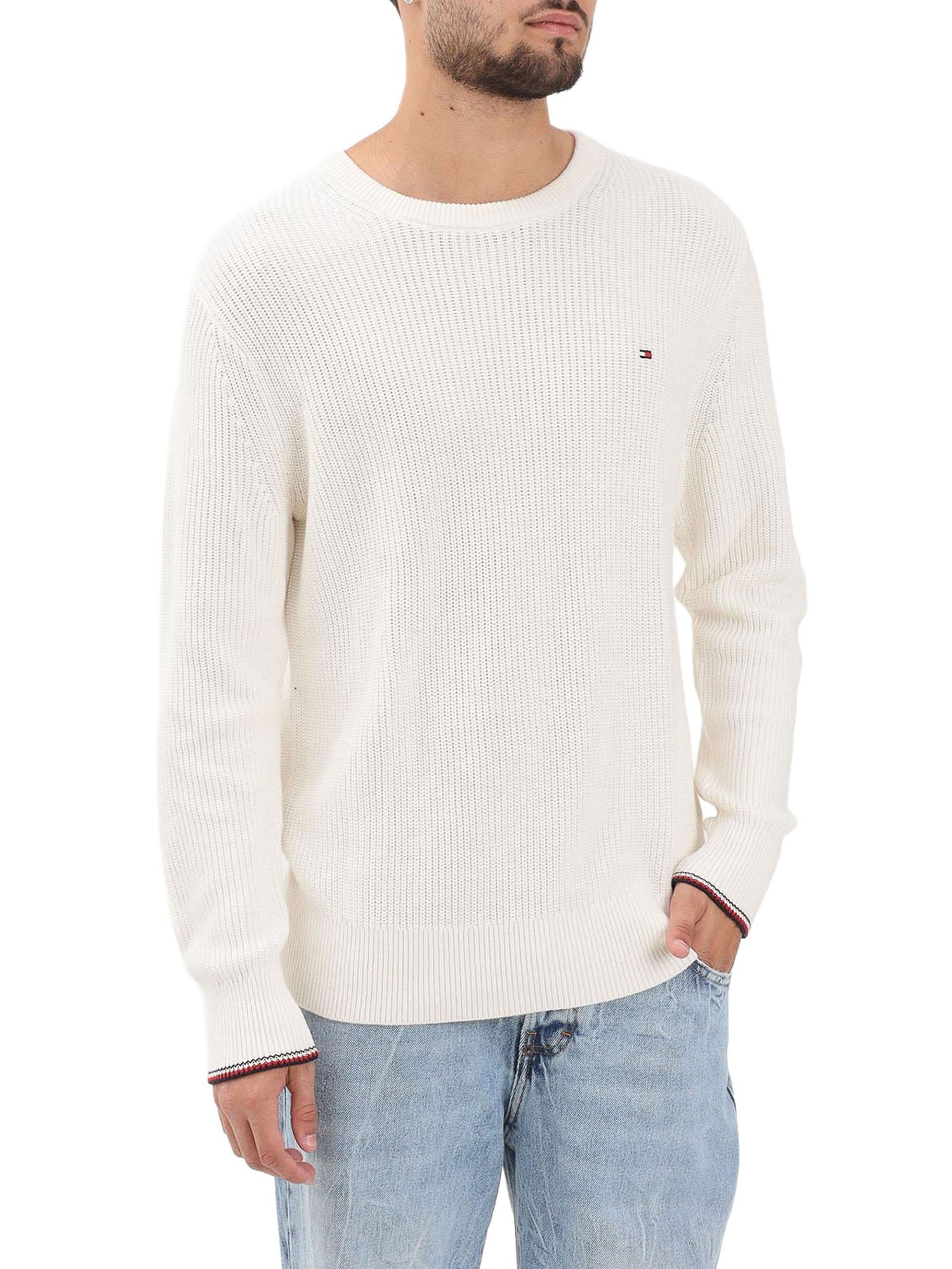 Girocollo Tommy Hilfiger scollatura classica logo al petto rwb rib avorio