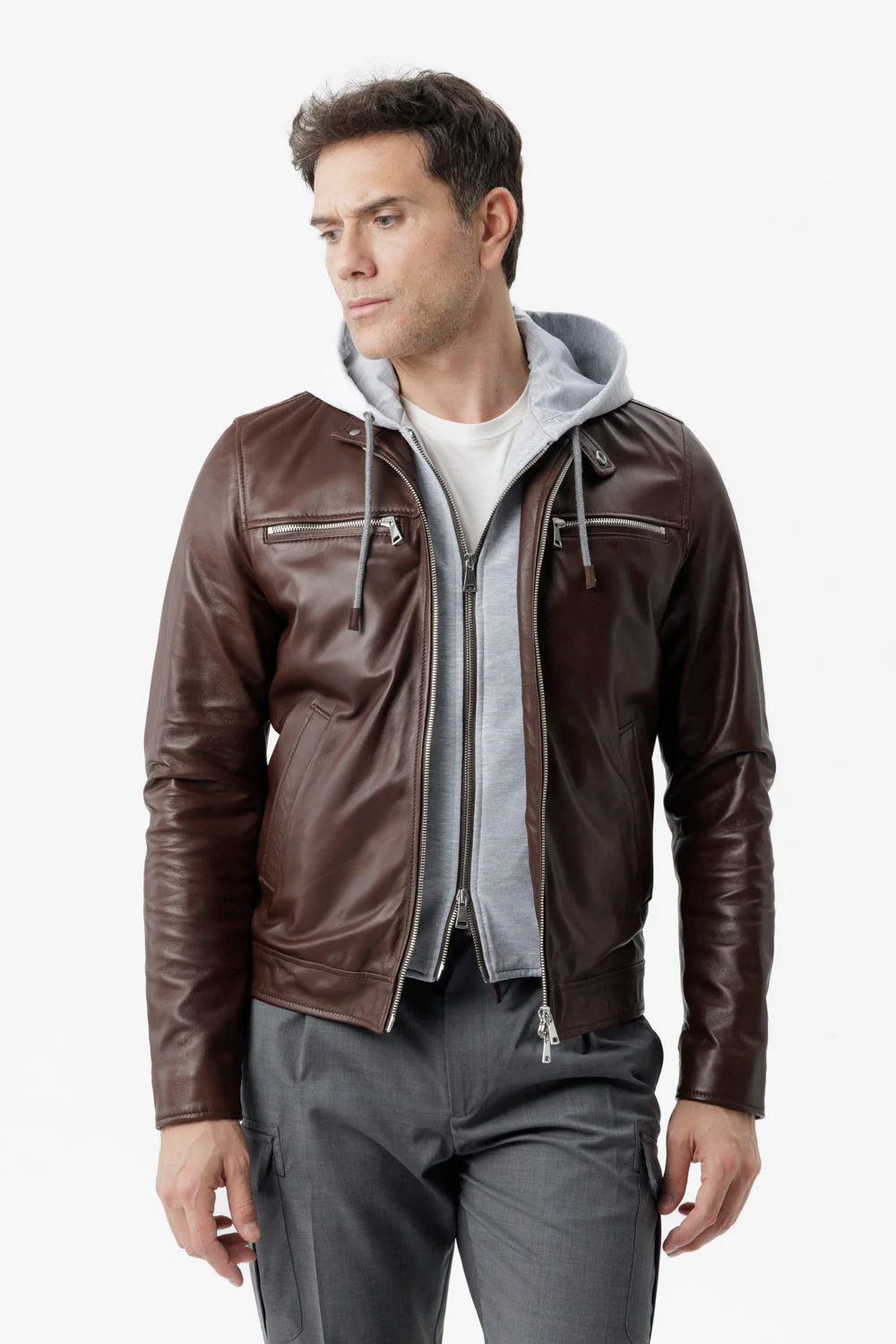 Giacca Biker in pelle con cappuccio Integrato moro