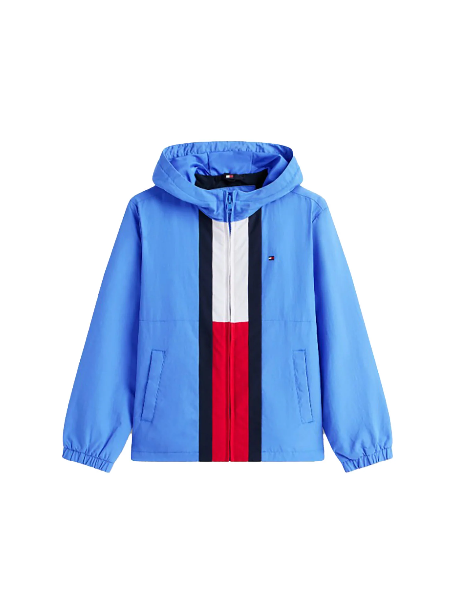 Giubbino Tommy Hilfigher Bambino con zip e cappuccio colourblock flag azzurro