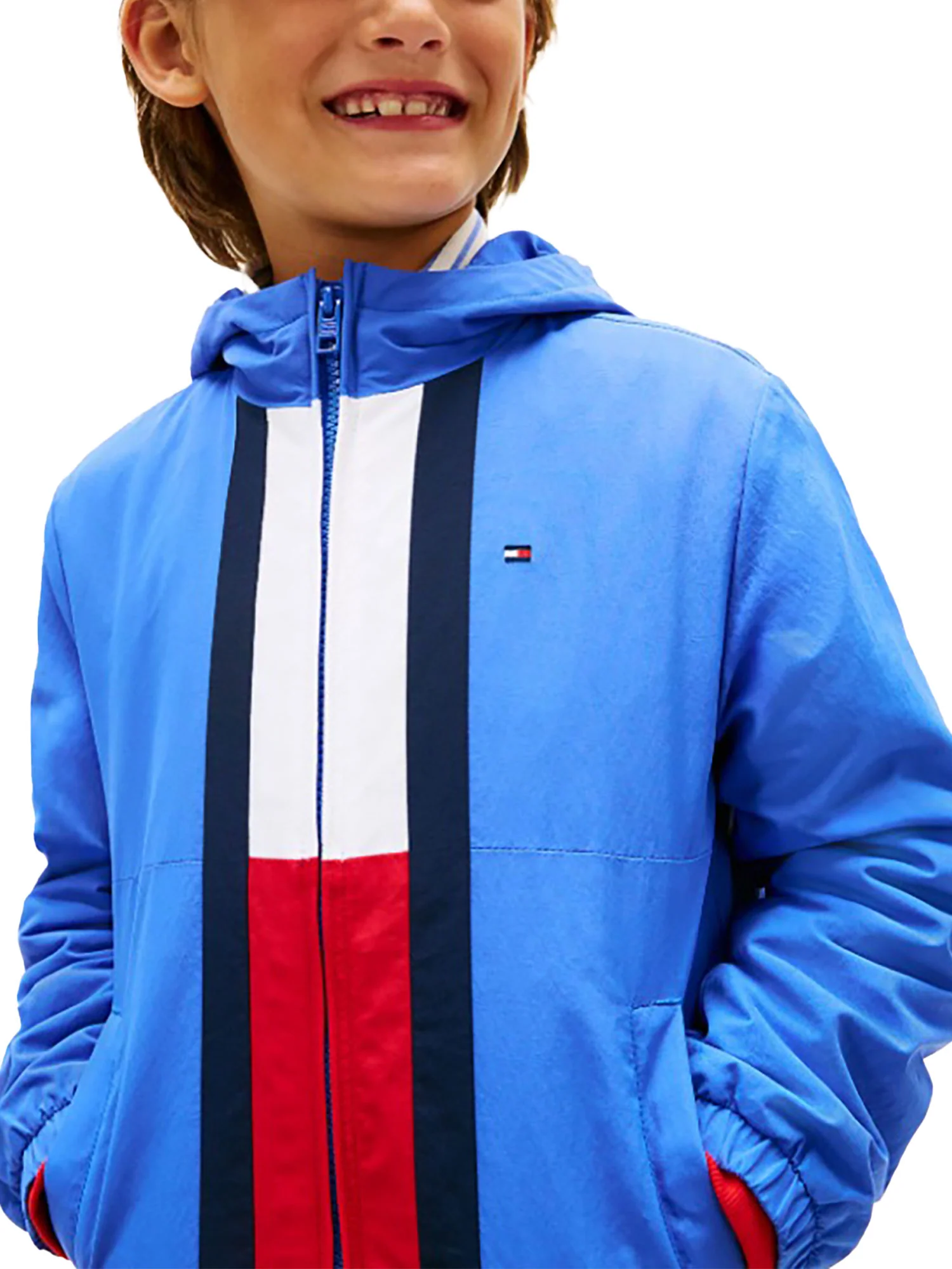Giubbino Tommy Hilfigher Bambino con zip e cappuccio colourblock flag azzurro - Image 2