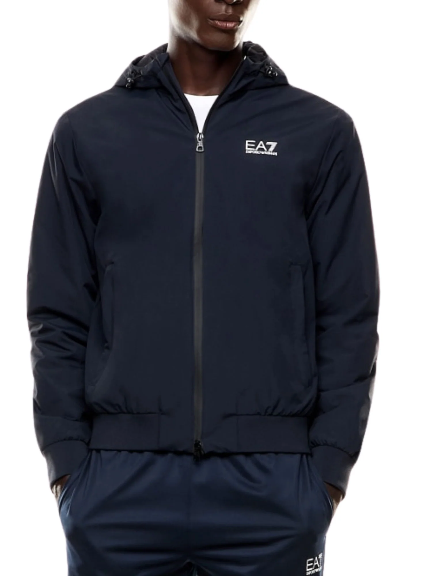 Giubbino con cappuccio e zip logo EA7 uomo blu