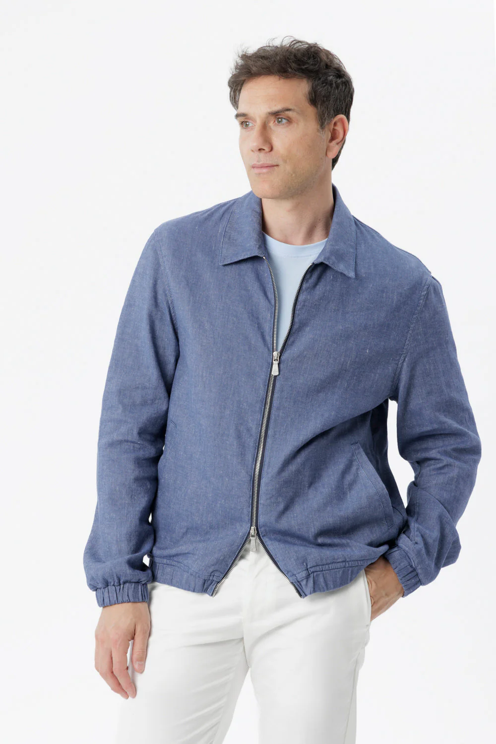 Giubbino Genova con zip in lino misto cotone denim medio