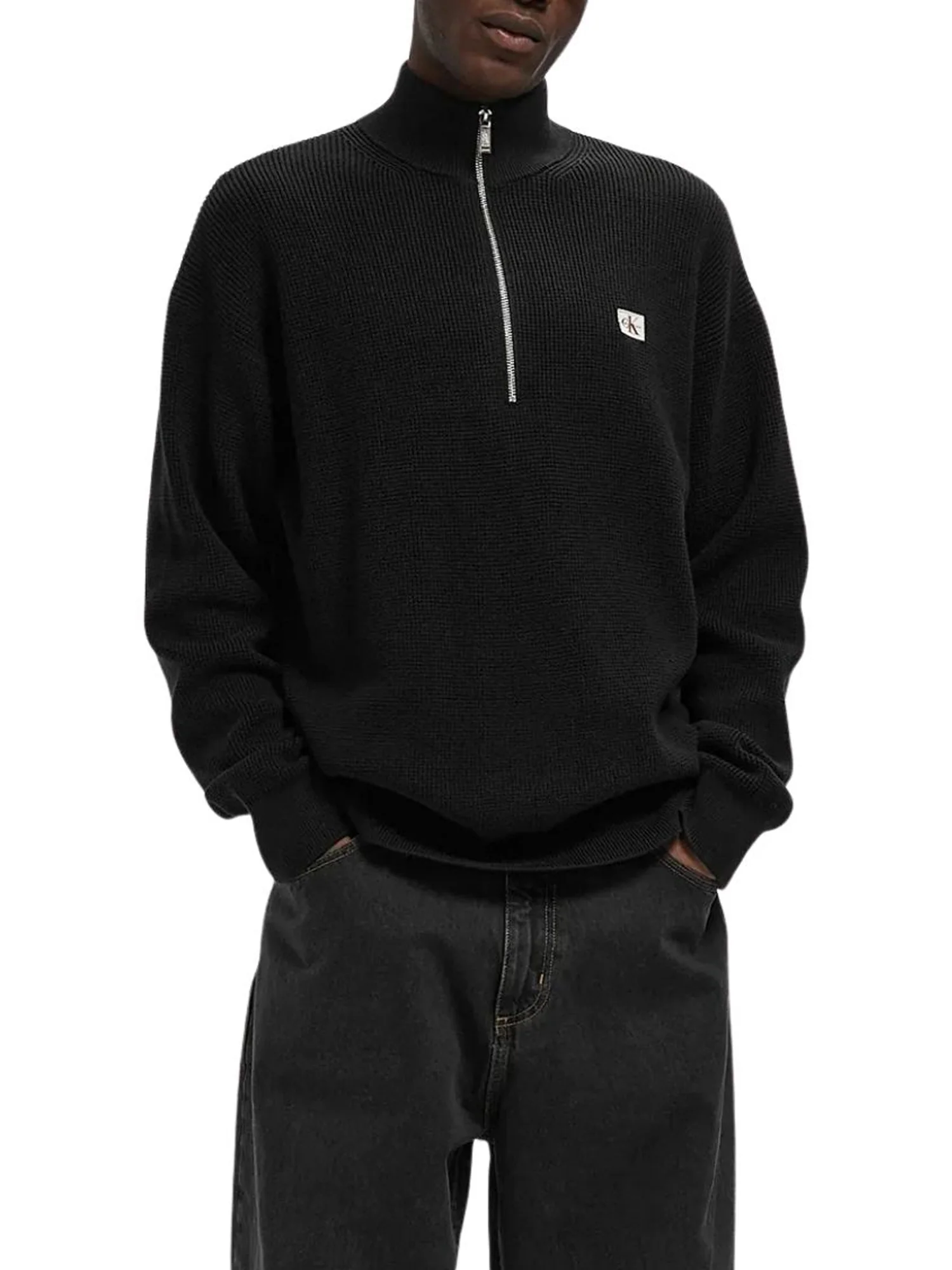 Maglia a lupetto con mezza zip modello cotton waffle nero