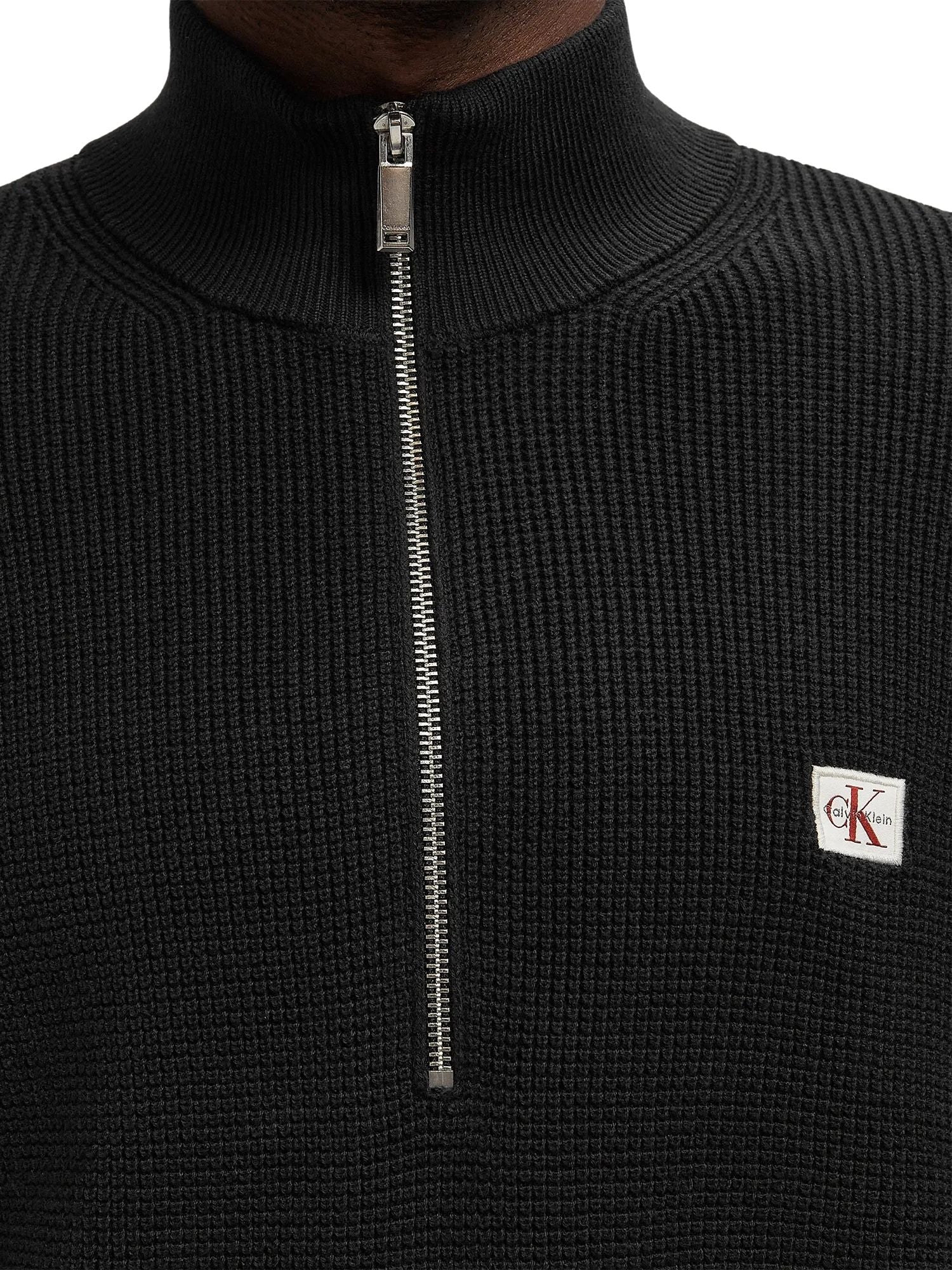 Maglia a lupetto con mezza zip modello cotton waffle nero - Image 3