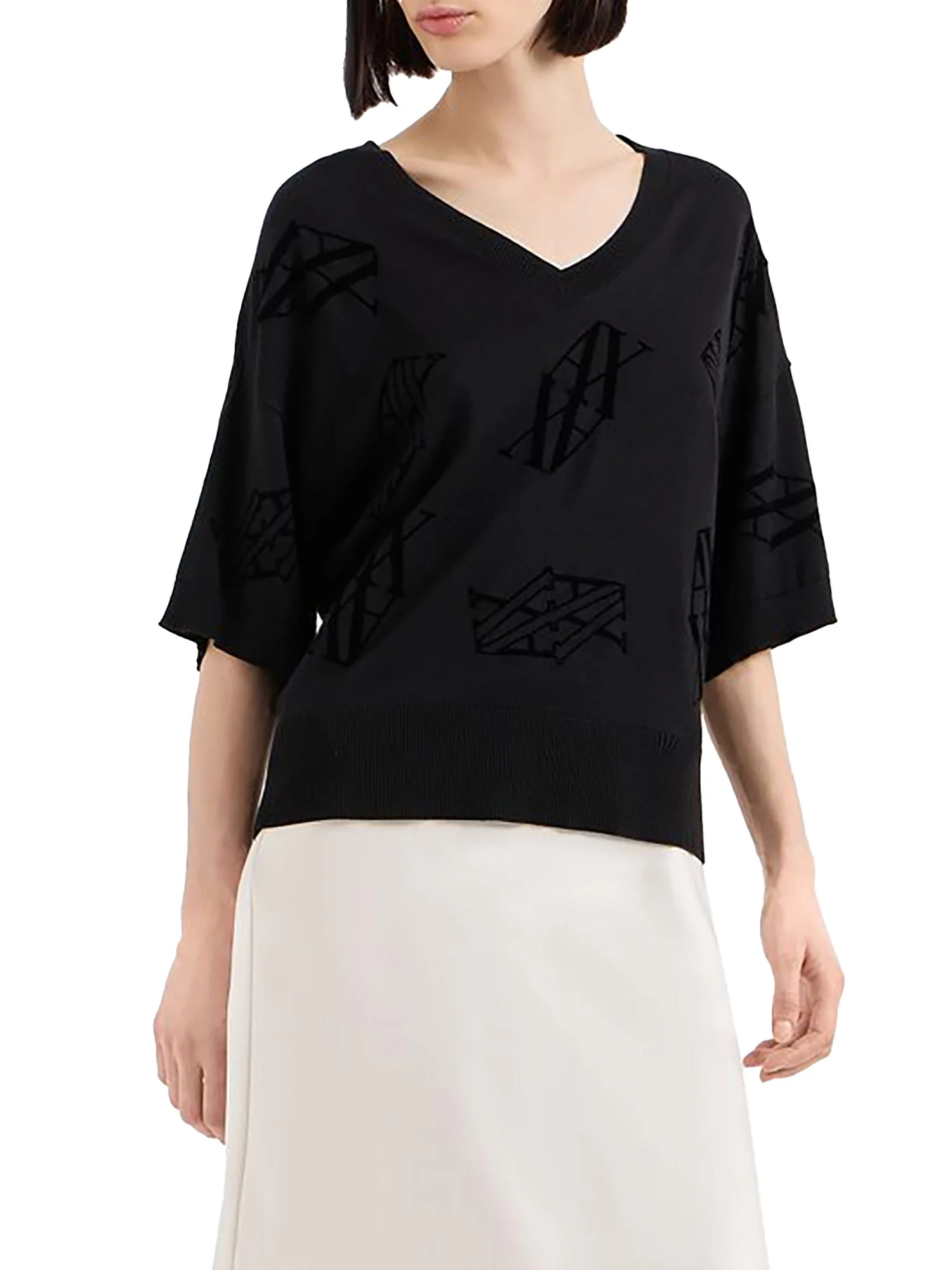 Maglia scollo a v manica lunga allover logo nero