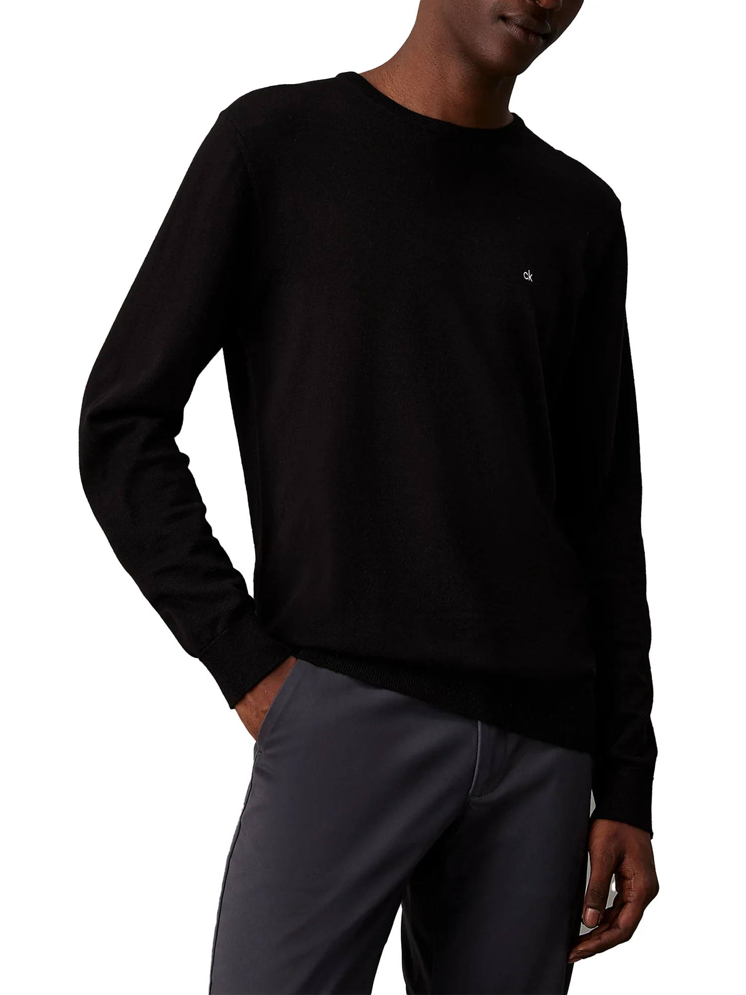 Maglione girocollo in cotone misto seta con logo ricamato nero
