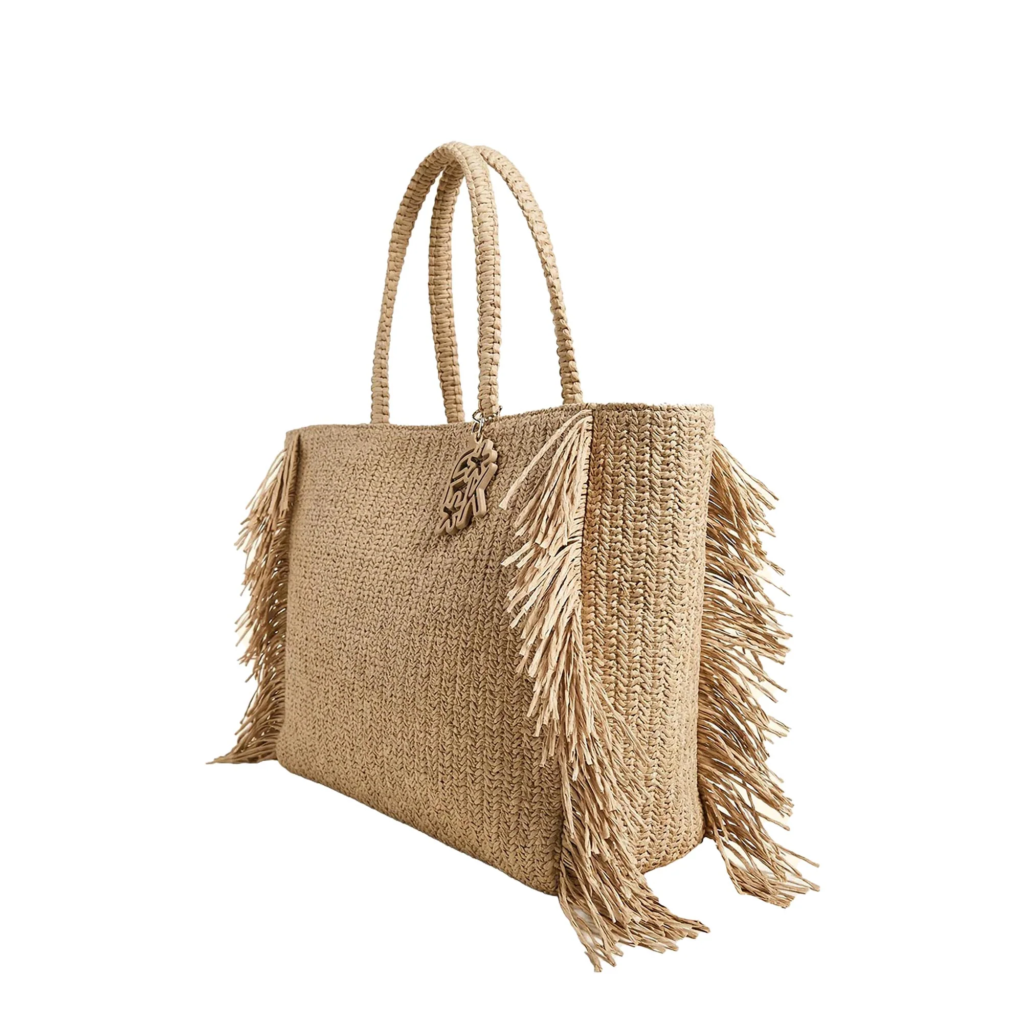 Borsa mare maxi F**k Donna in rafia con frange beige - Image 2