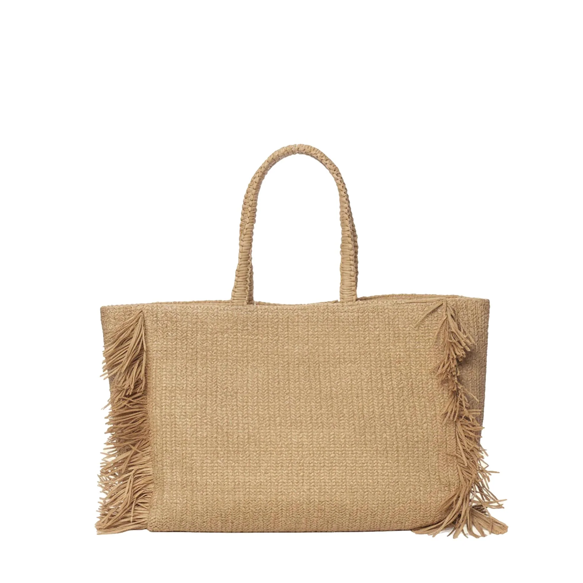 Borsa mare maxi F**k Donna in rafia con frange beige - Image 3