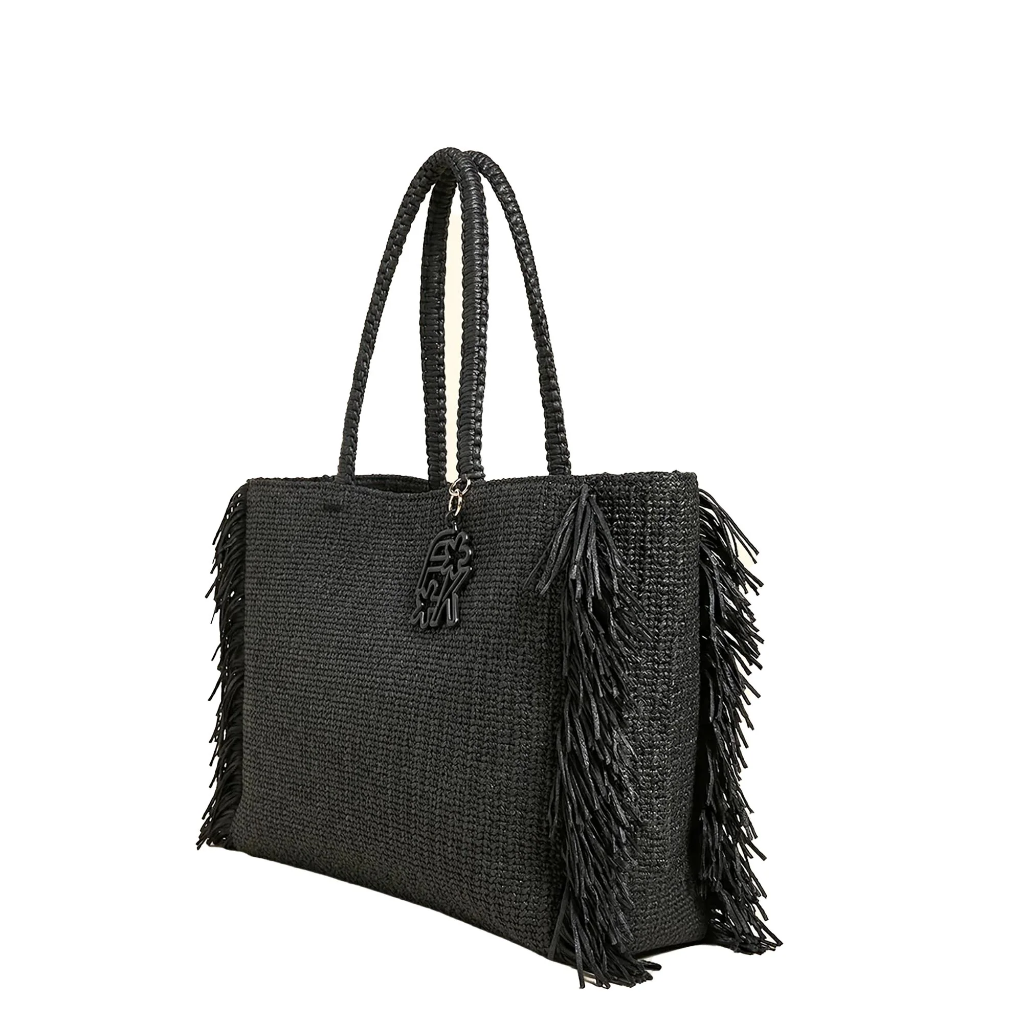 Borsa mare maxi F**k Donna in rafia con frange nero - Image 2