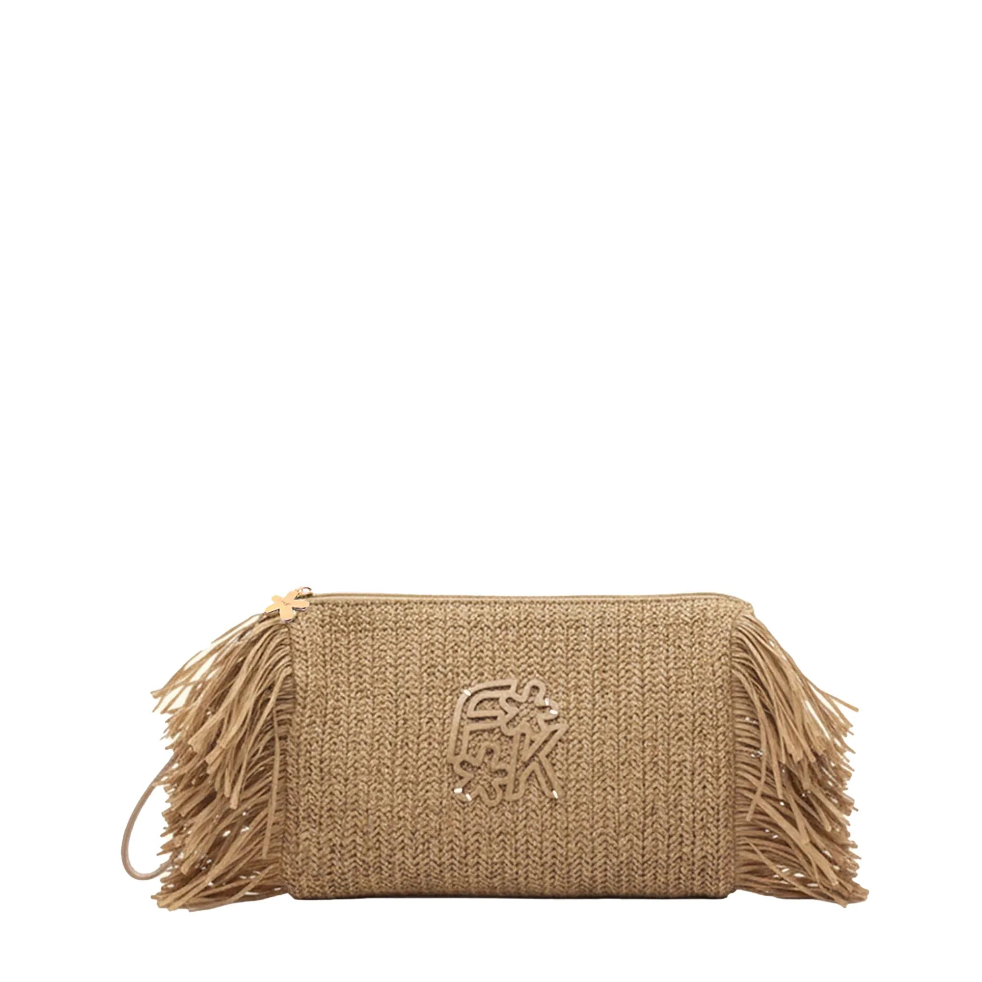Pochette mare maxi F**k Donna in rafia con frange beige