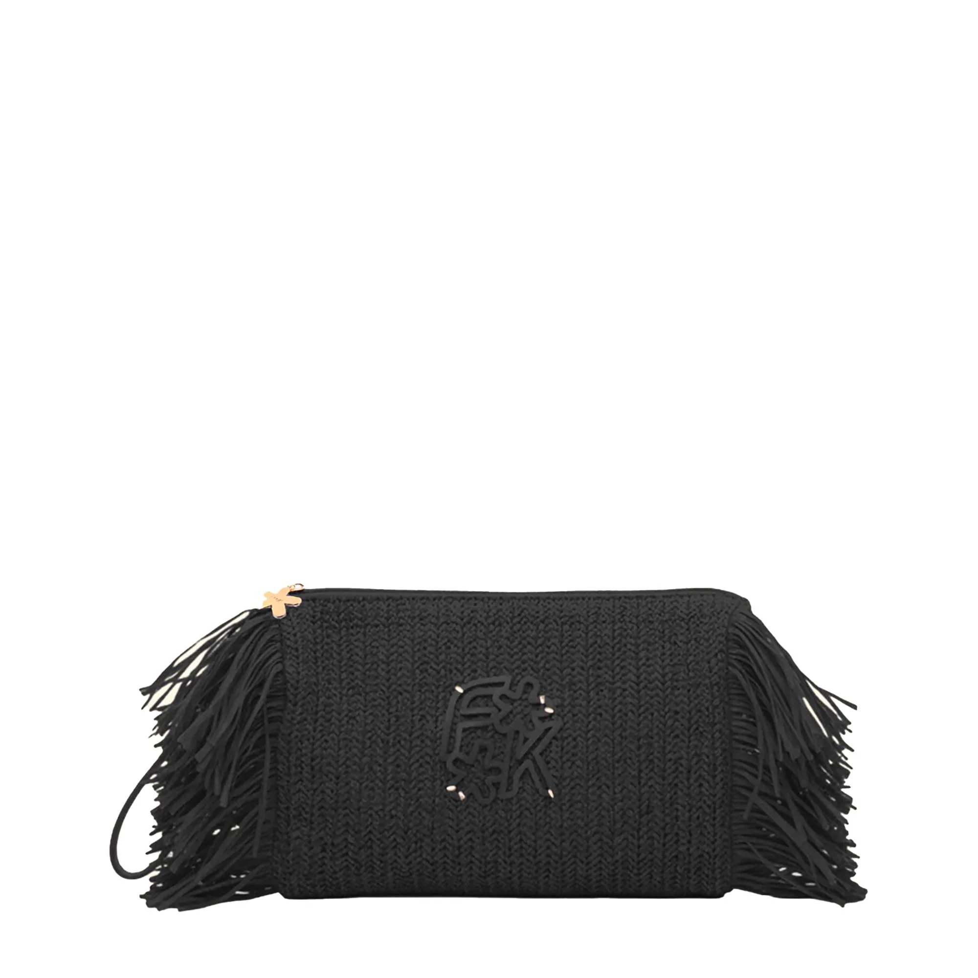 Pochette mare maxi F**k Donna in rafia con frange nero