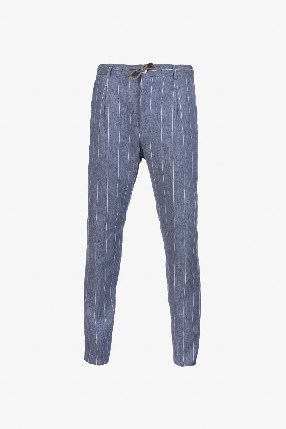 Pantalone Amalfi in lino e cotone con coulisse gessato azzurro