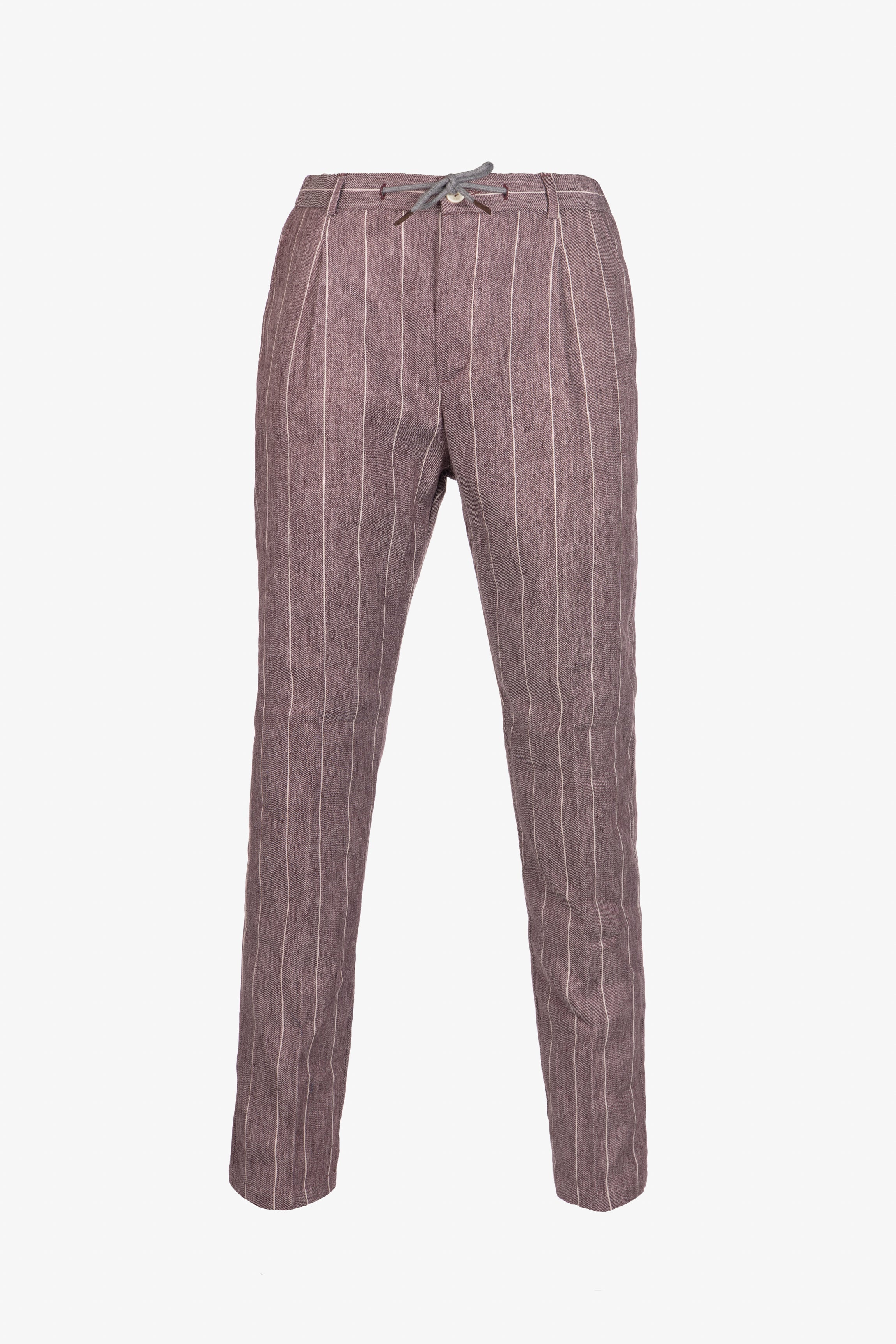 Pantalone Amalfi in lino e cotone con coulisse gessato bordeaux