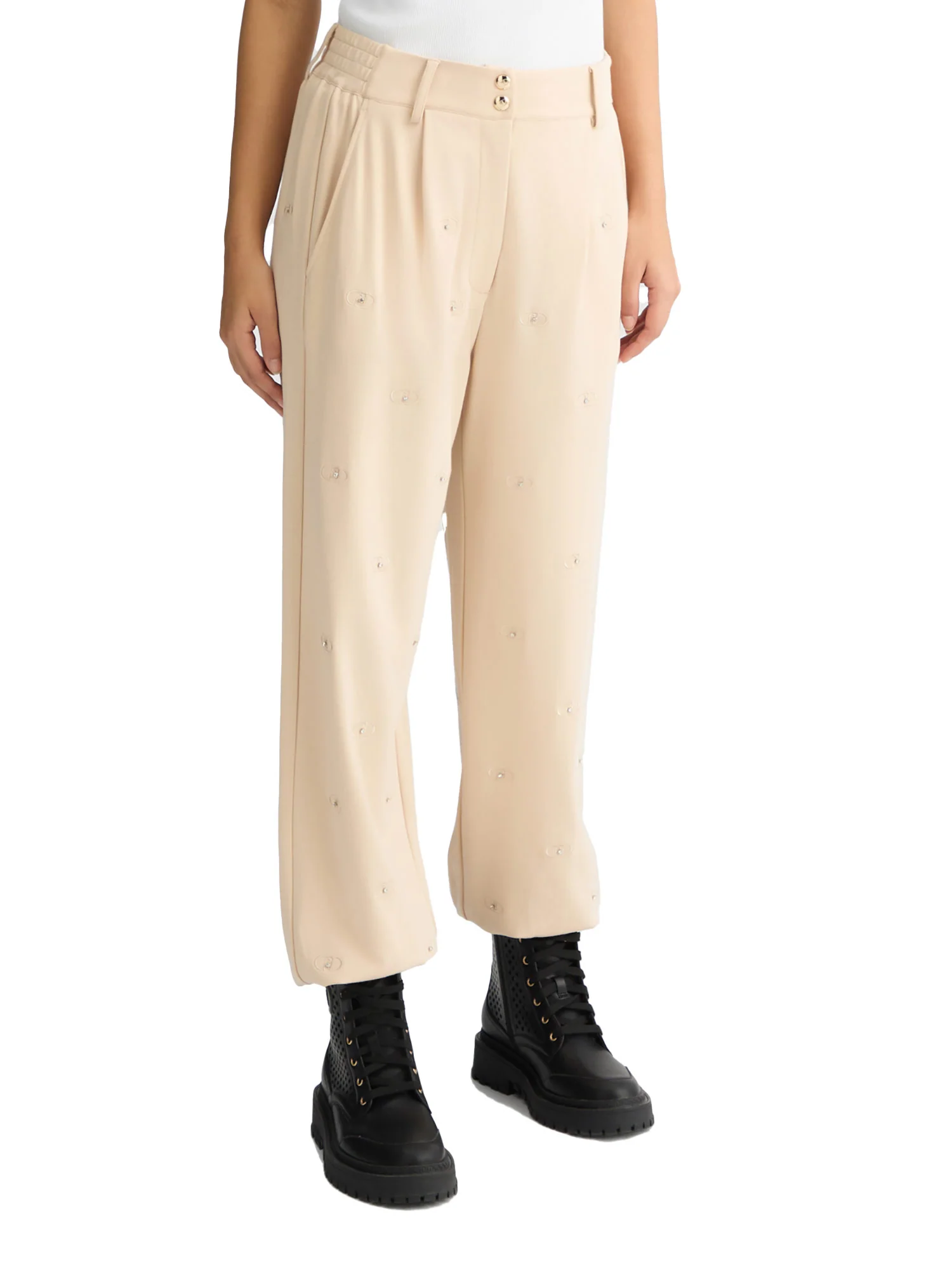 Pantalone con lettering all-over in strass beige