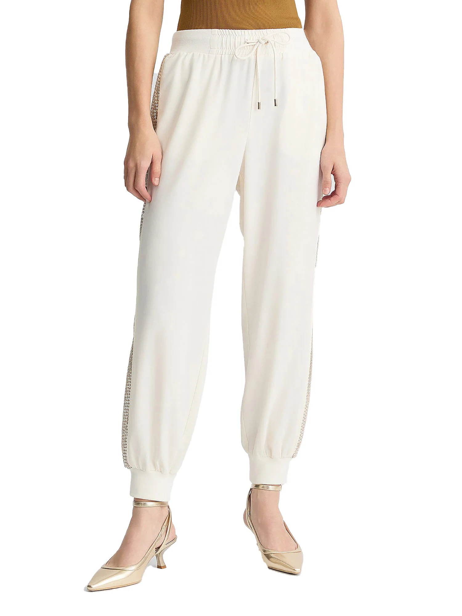 Pantalone jogging con paillettes laterali bianco