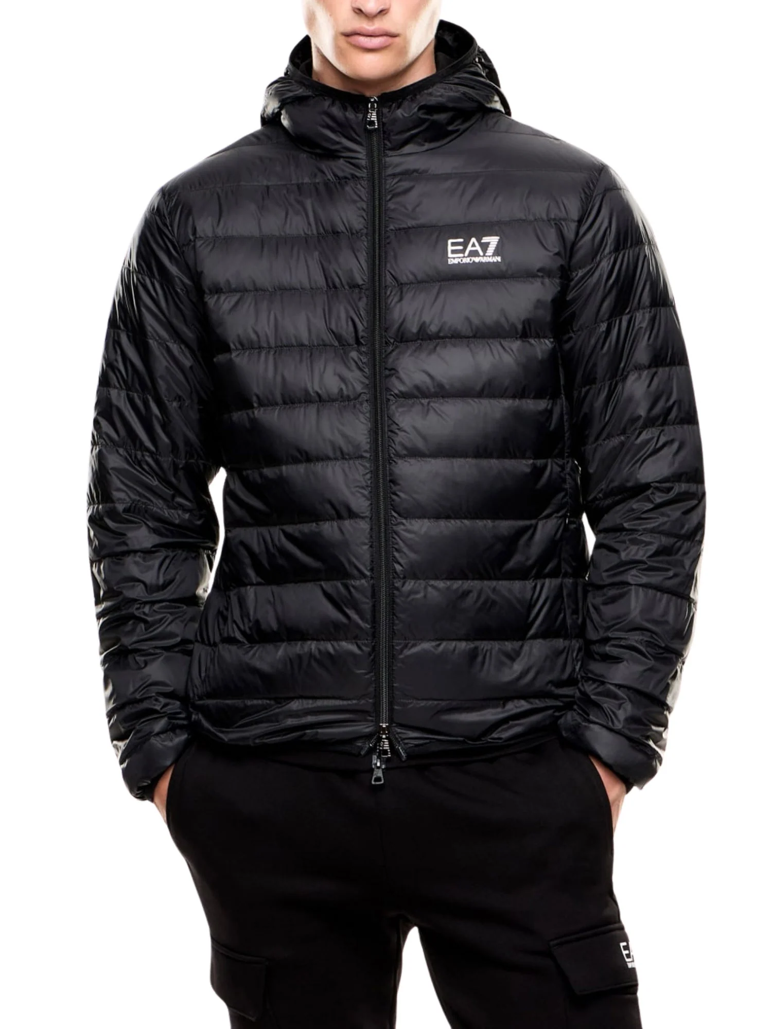 Piumino in nylon con cappuccio e zip EA7 uomo nero - Image 3