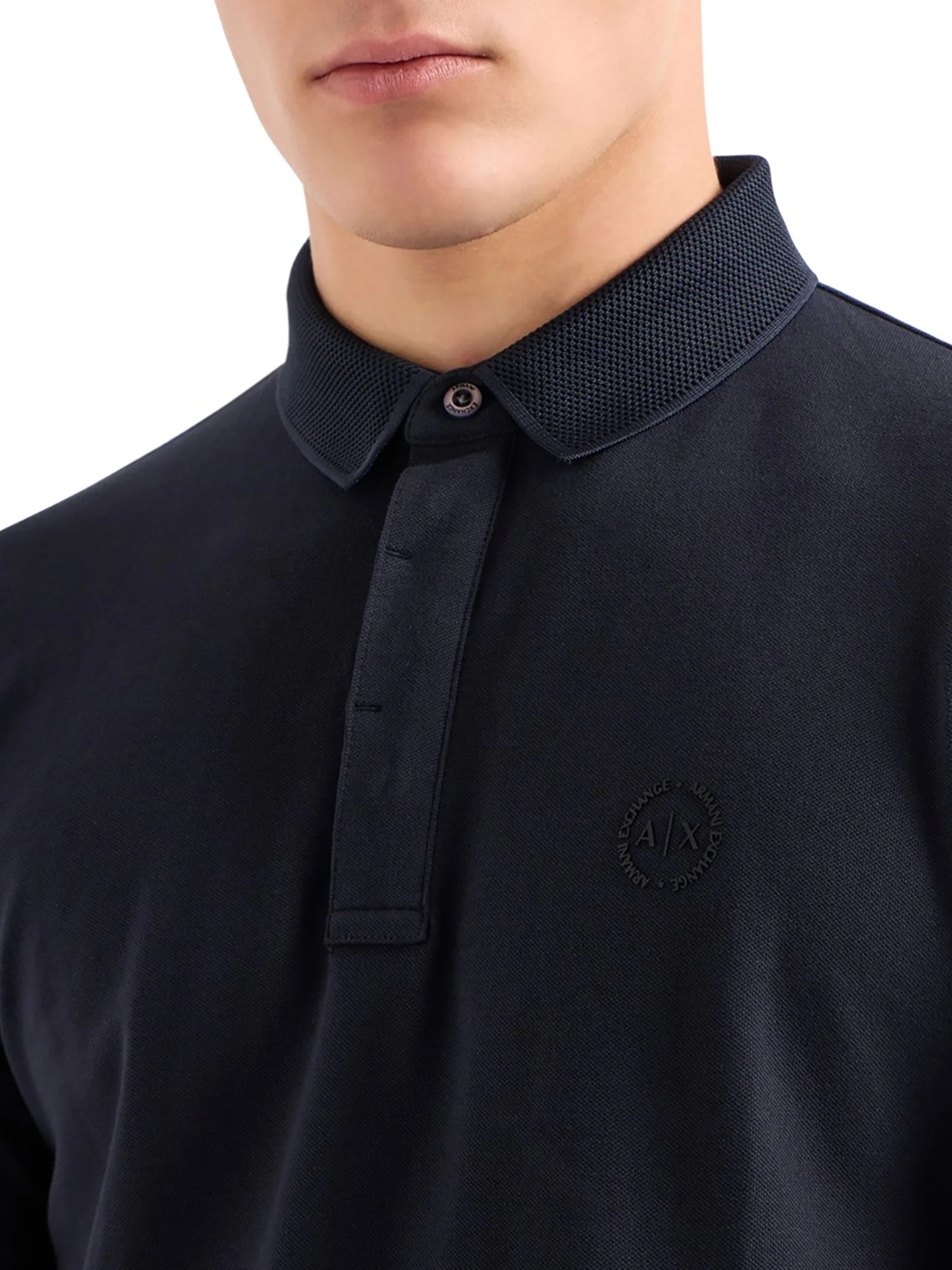 Polo manica lunga piquet con collo lavorato blu - Image 3