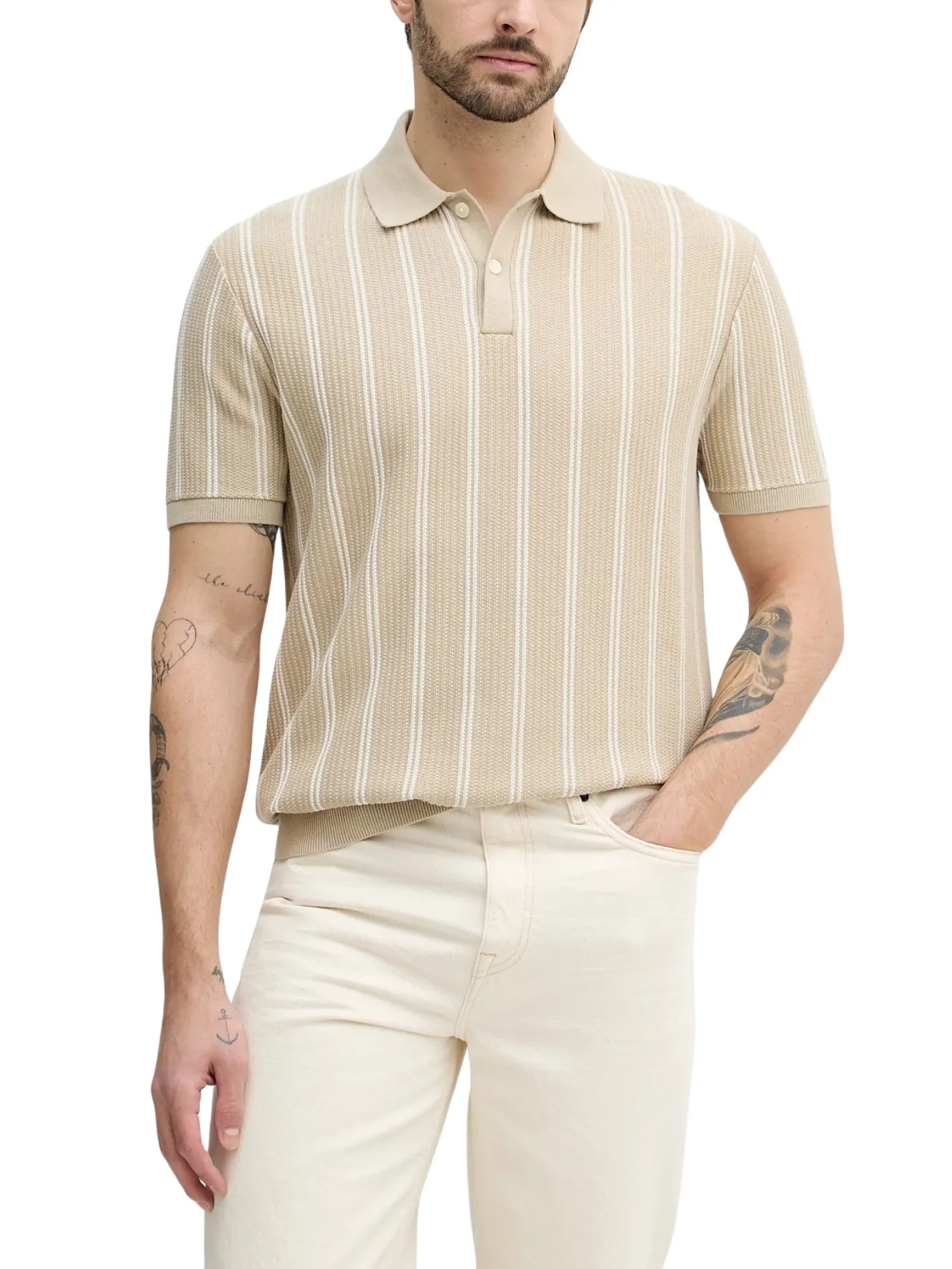 Maglia polo con maniche corte Tommy Hilfiger modello vertical stripe knitted sabbia