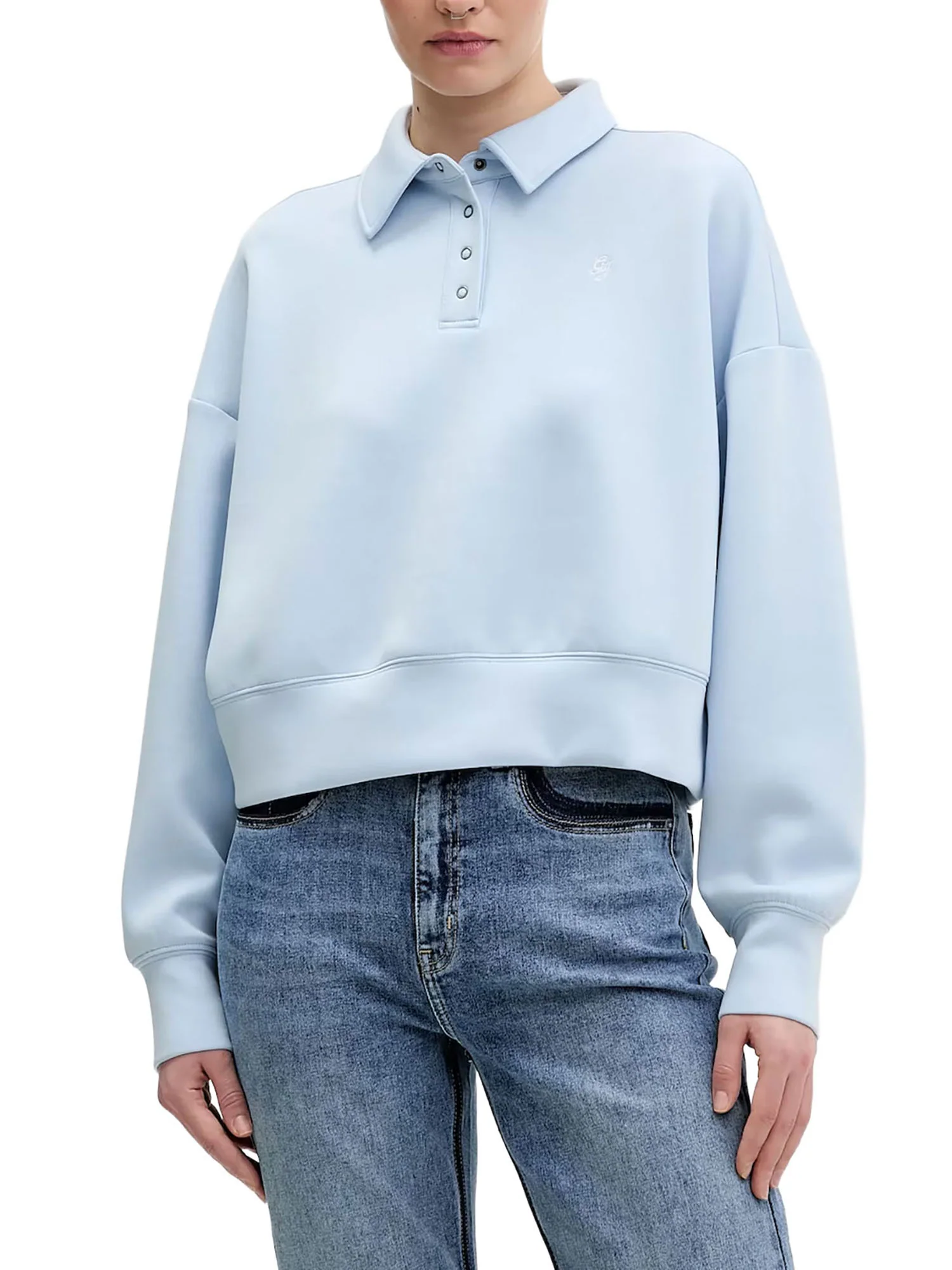 Polo Guess donna manica lunga Sweat Scuba celeste