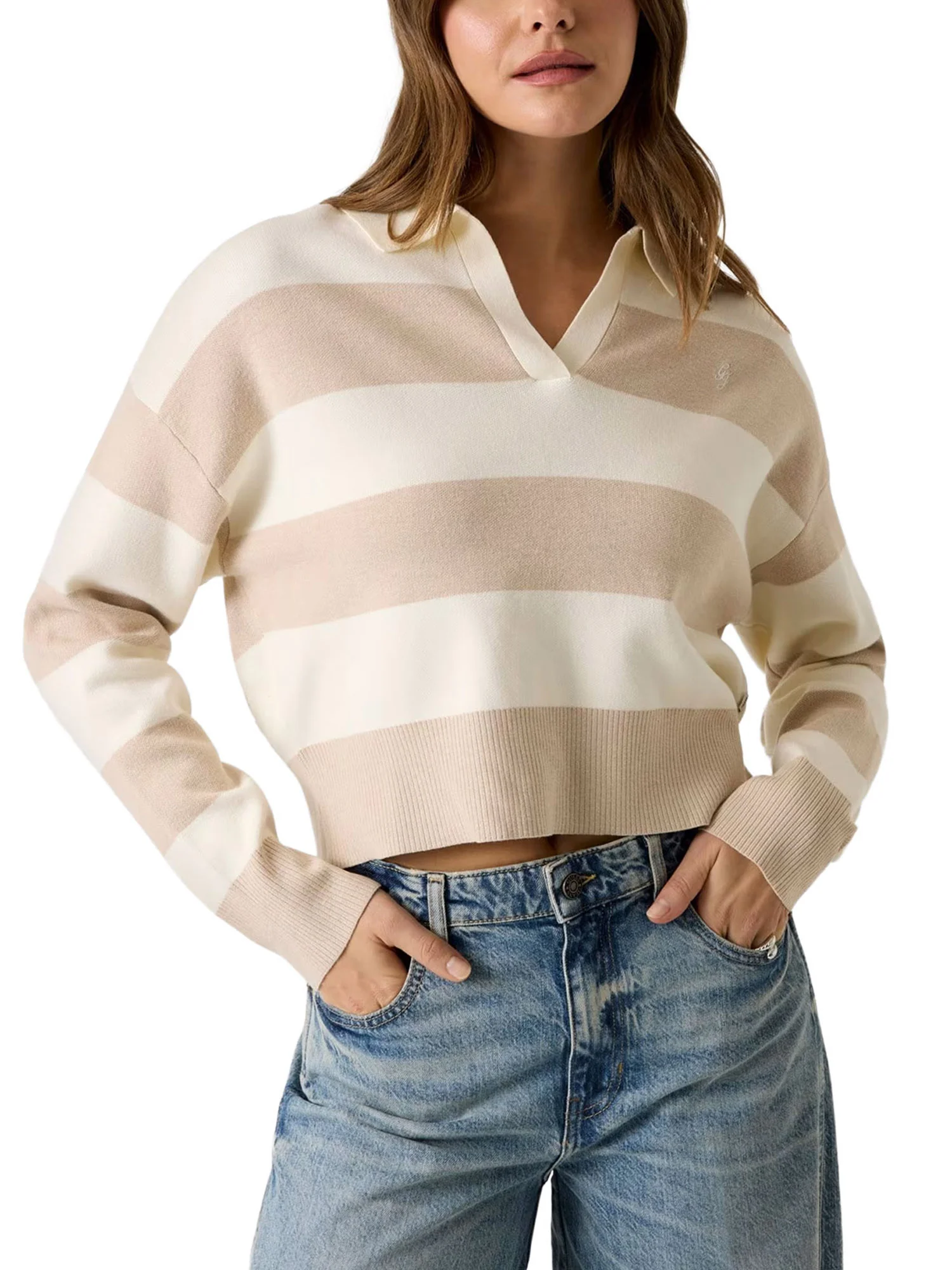 Polo Guess donna manica lunga SWTR Striped beige multi