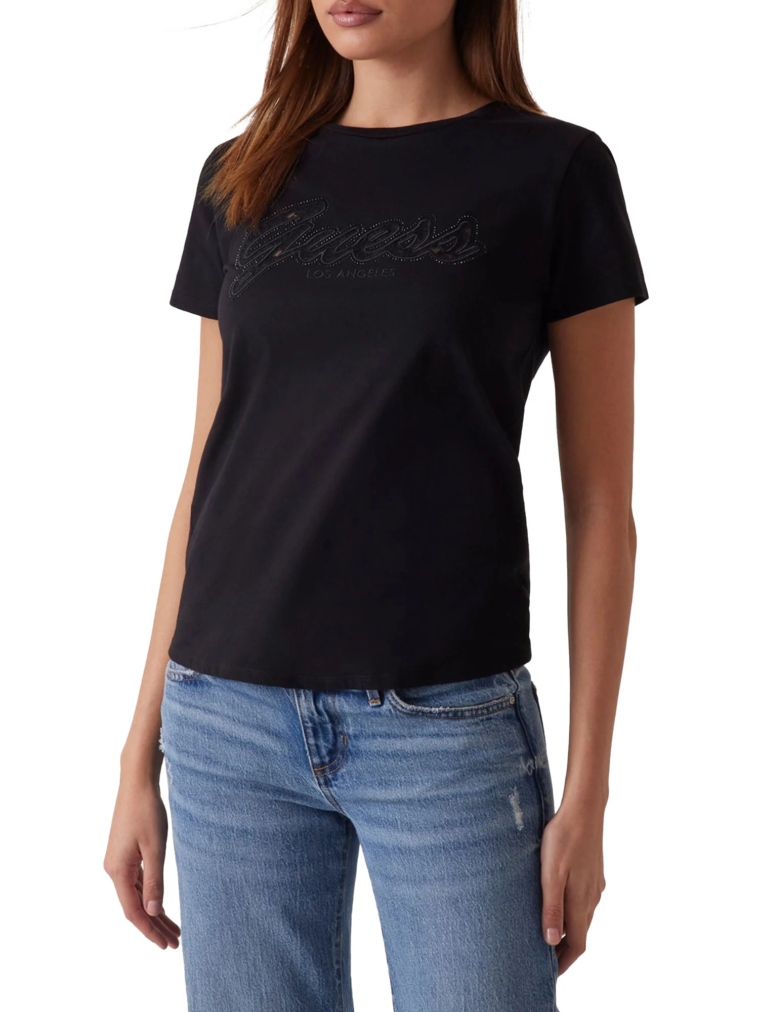 T-shirt con logo script in pizzo nero