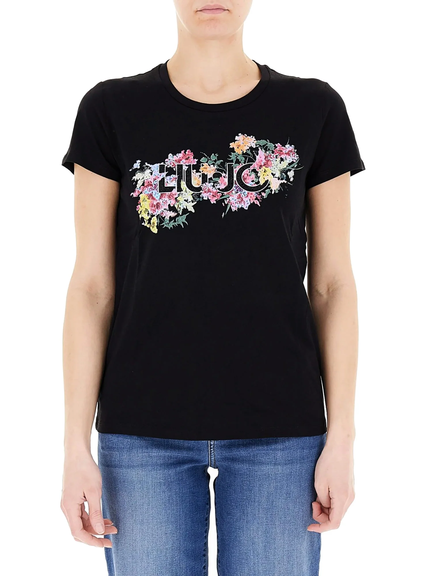 T-shirt con stampa floreale con strass nero
