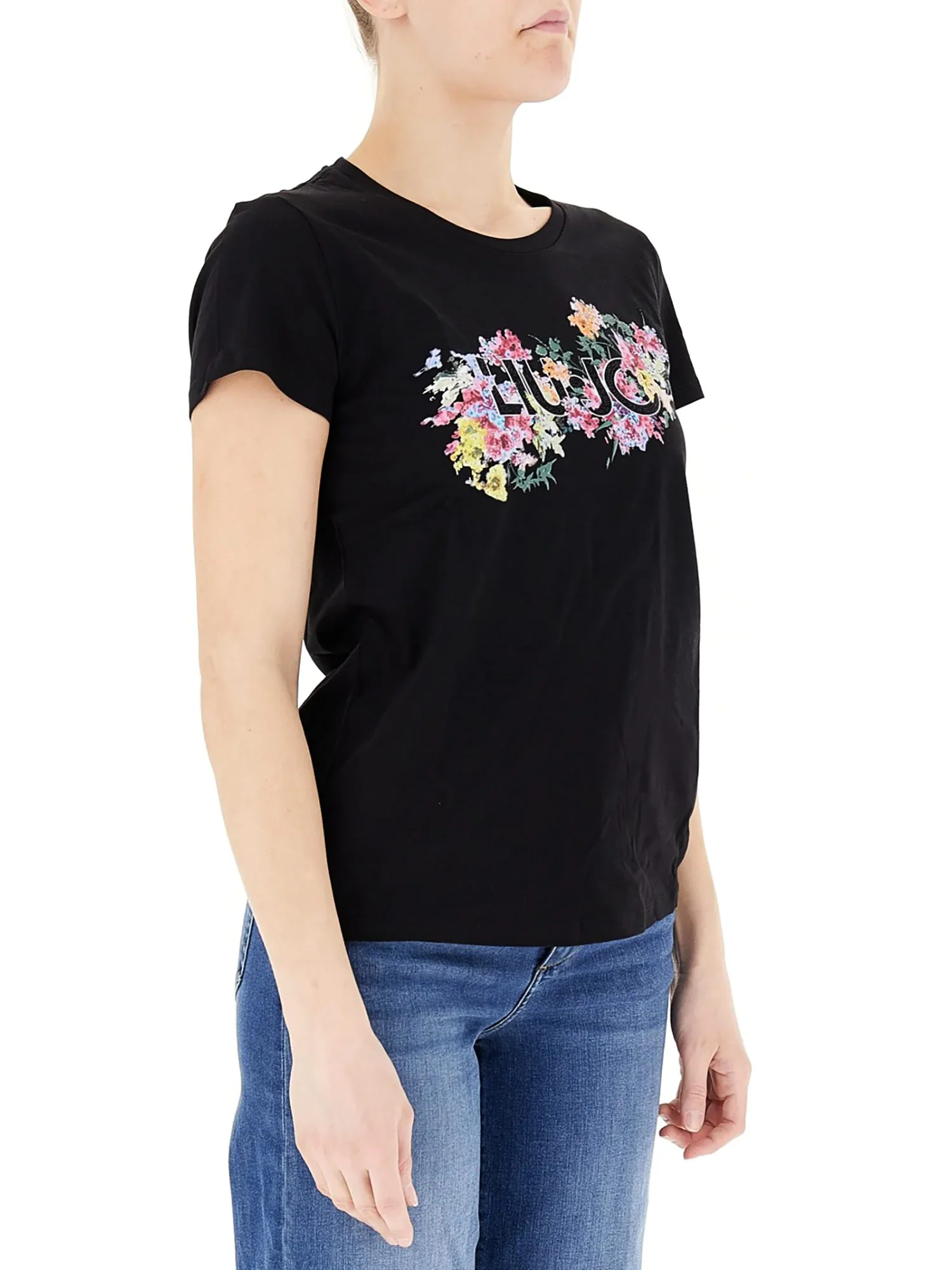 T-shirt con stampa floreale con strass nero - Image 3