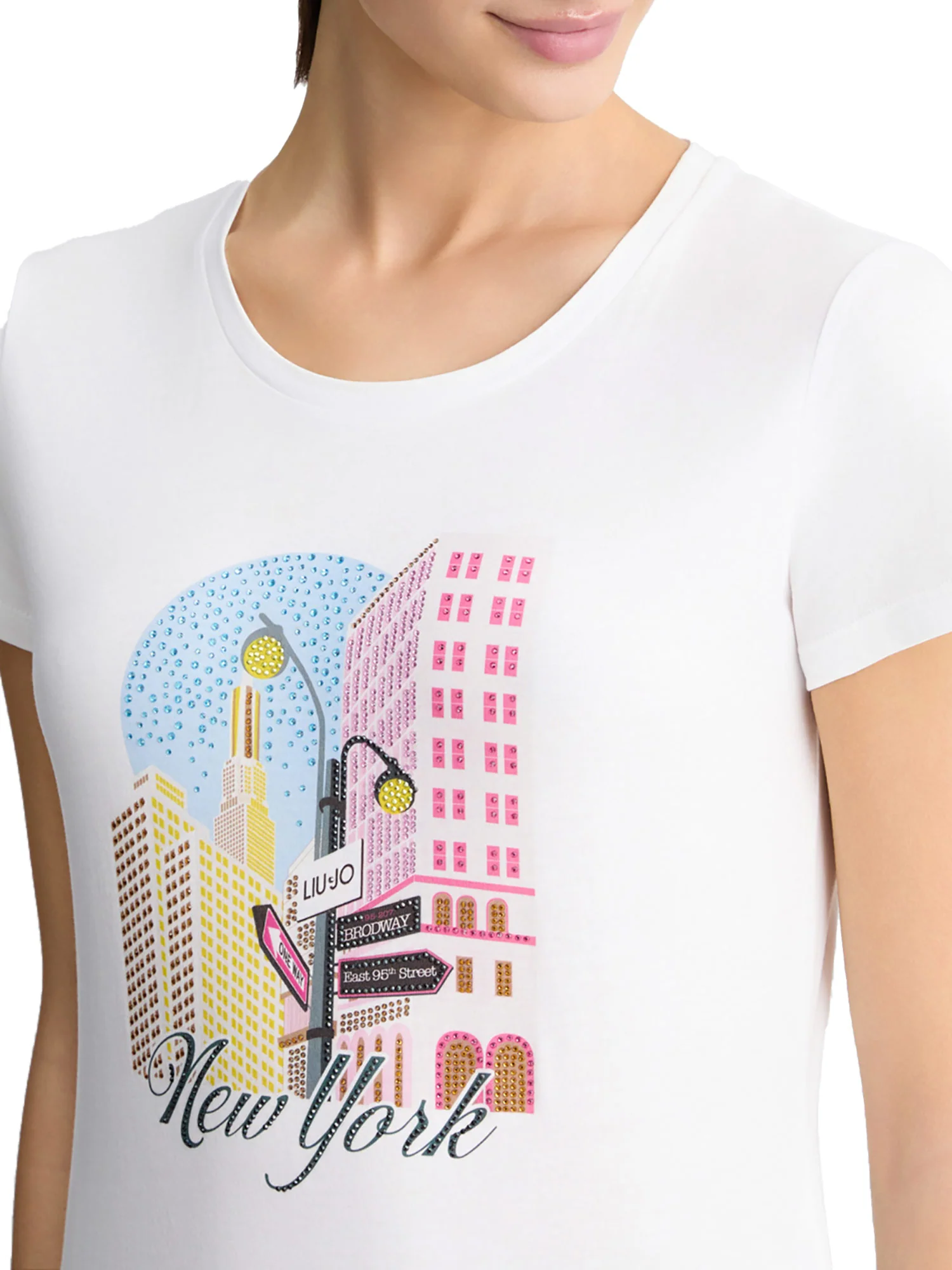 T-shirt con stampa "New York" con strass bianco - Image 3