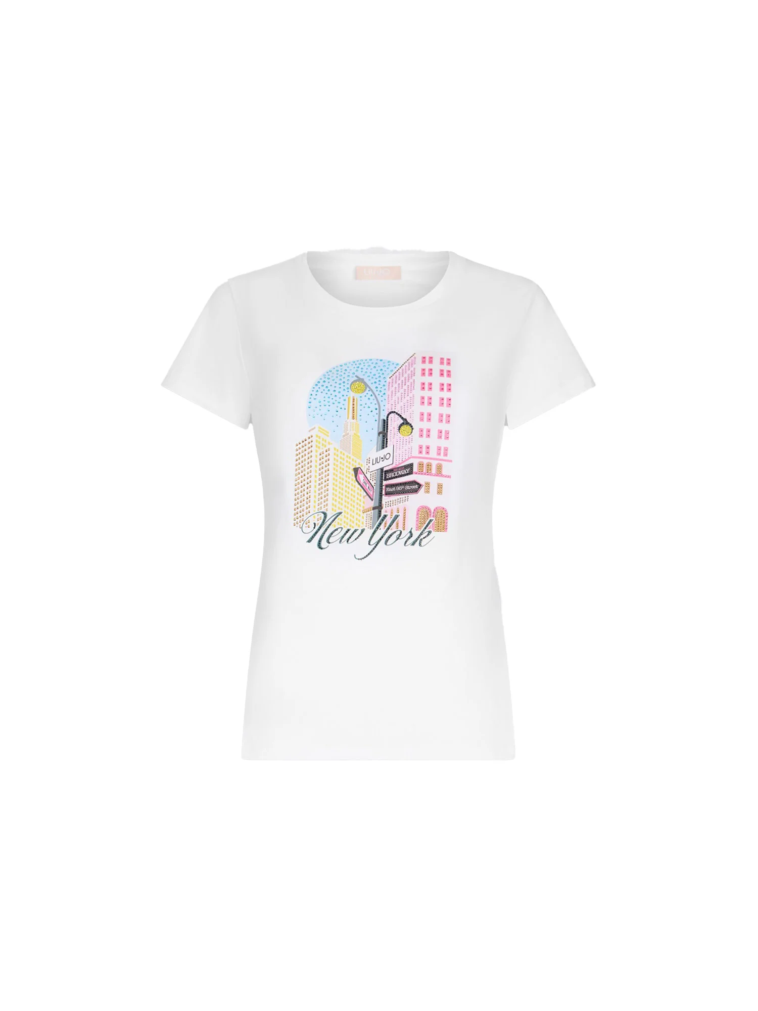 T-shirt con stampa "New York" con strass bianco - Image 4