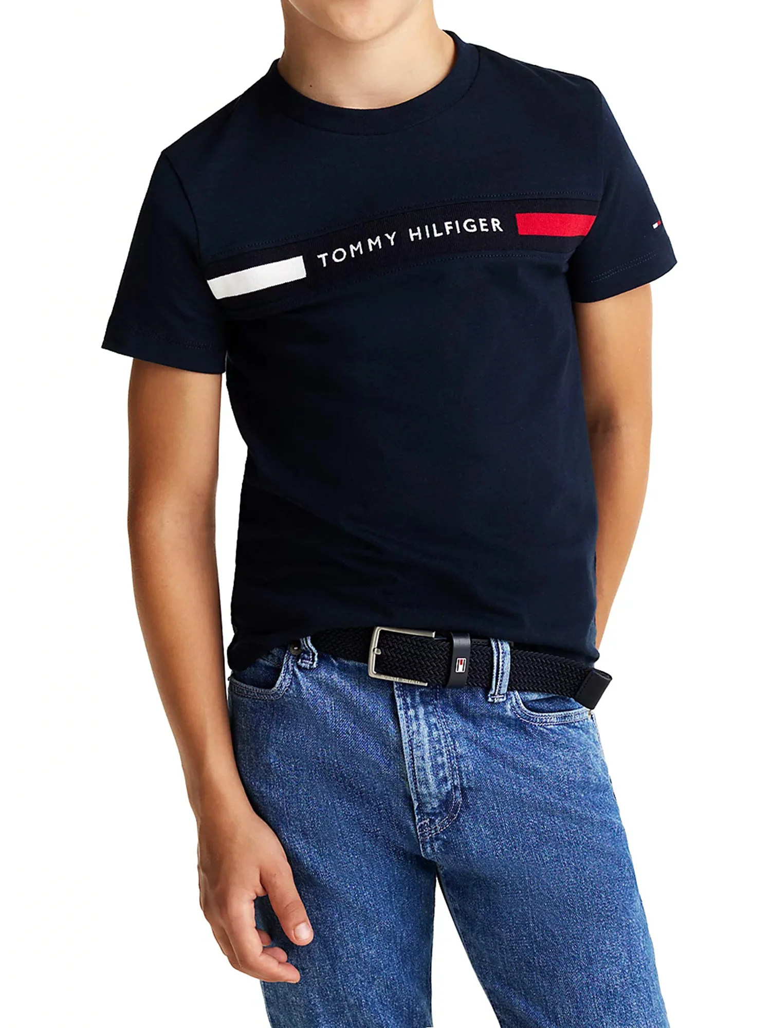 T-shirt kids con inserto in maglia e logo blu - Image 2