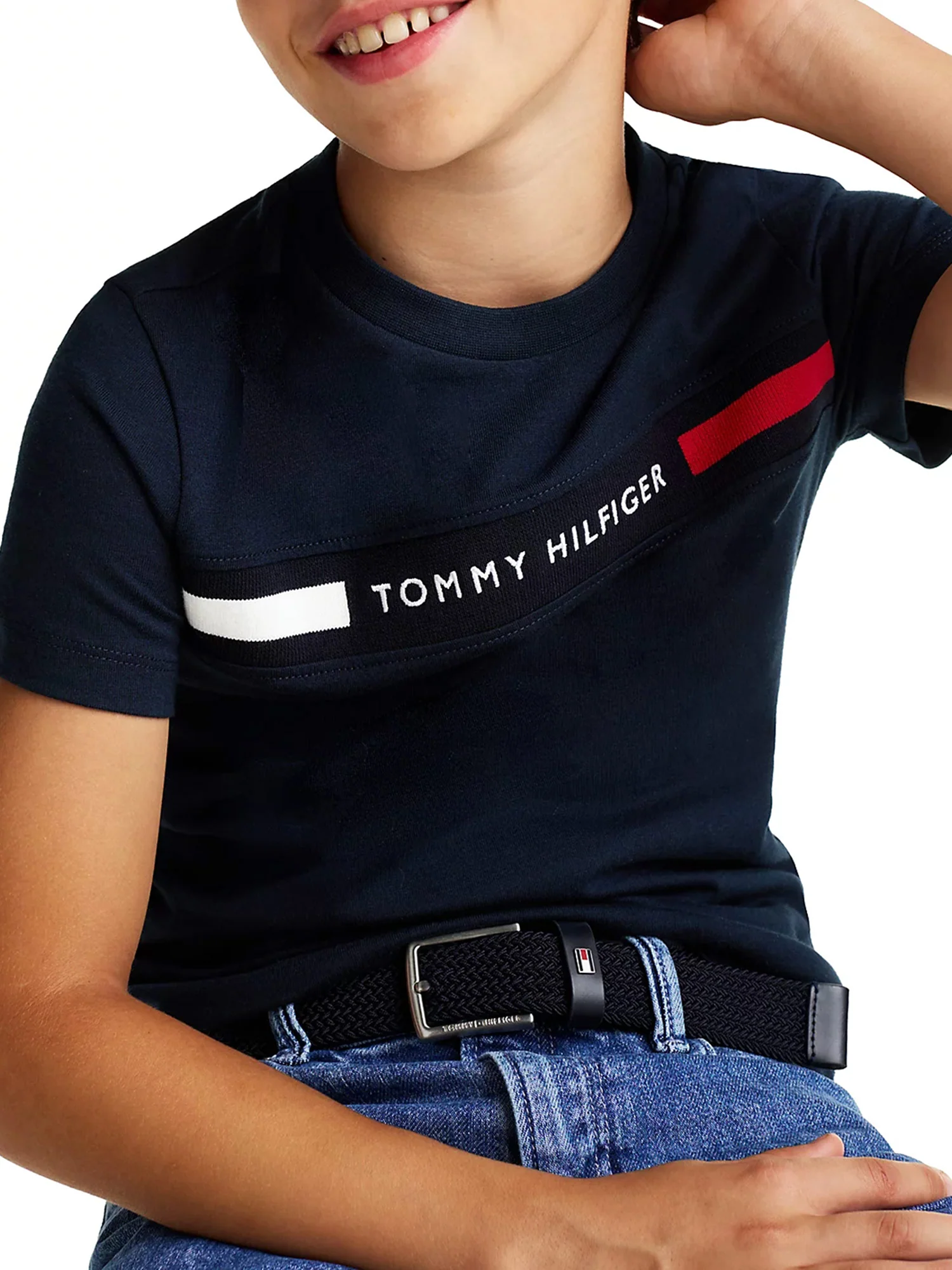 T-shirt kids con inserto in maglia e logo blu - Image 3