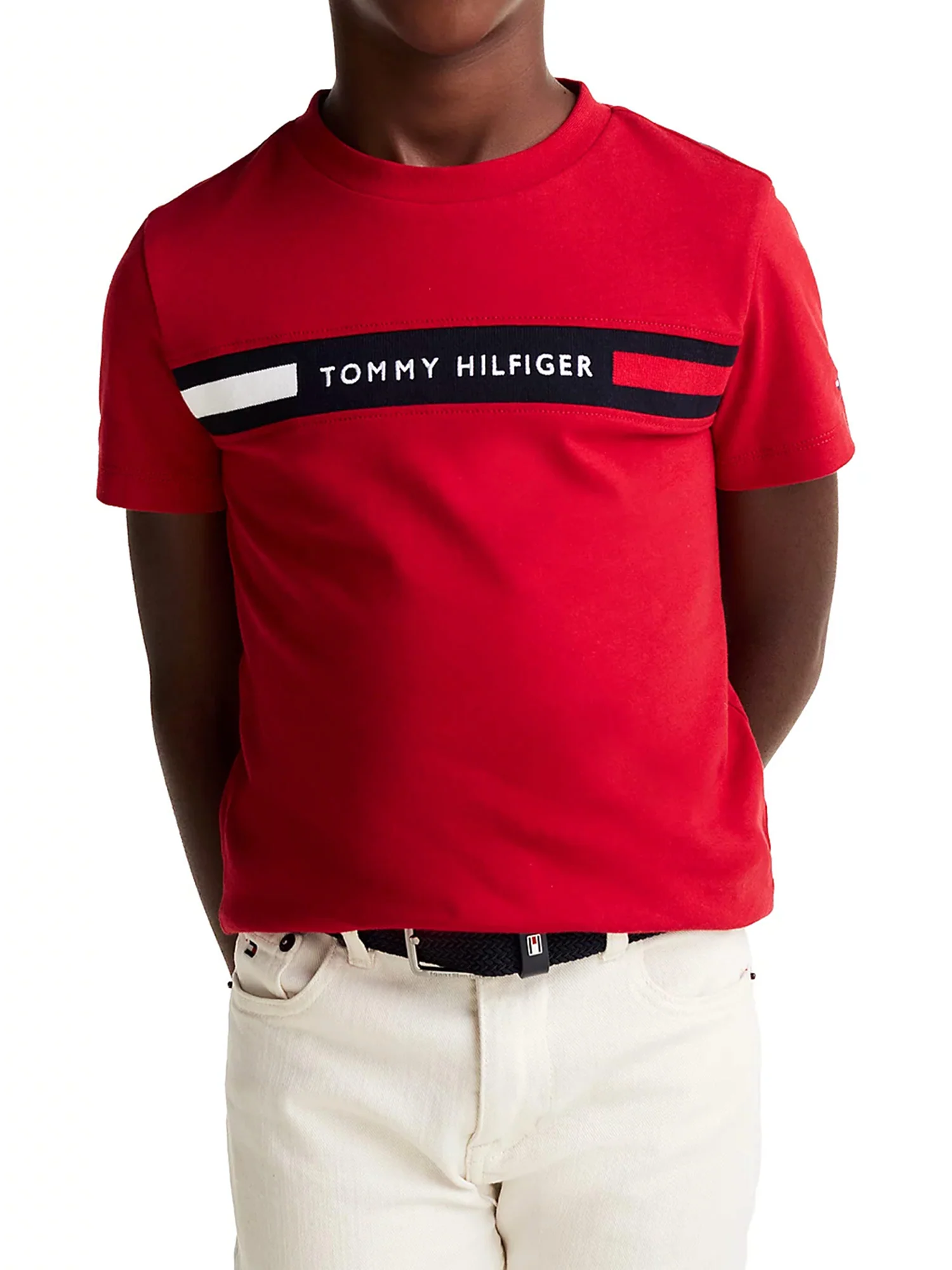 T-shirt kids con inserto in maglia e logo rosso - Image 2