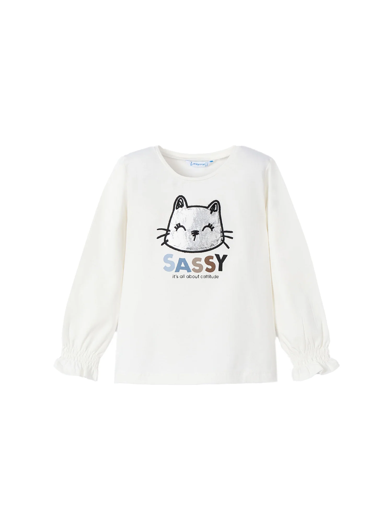 T-shirt manica lunga ricamo gatto panna