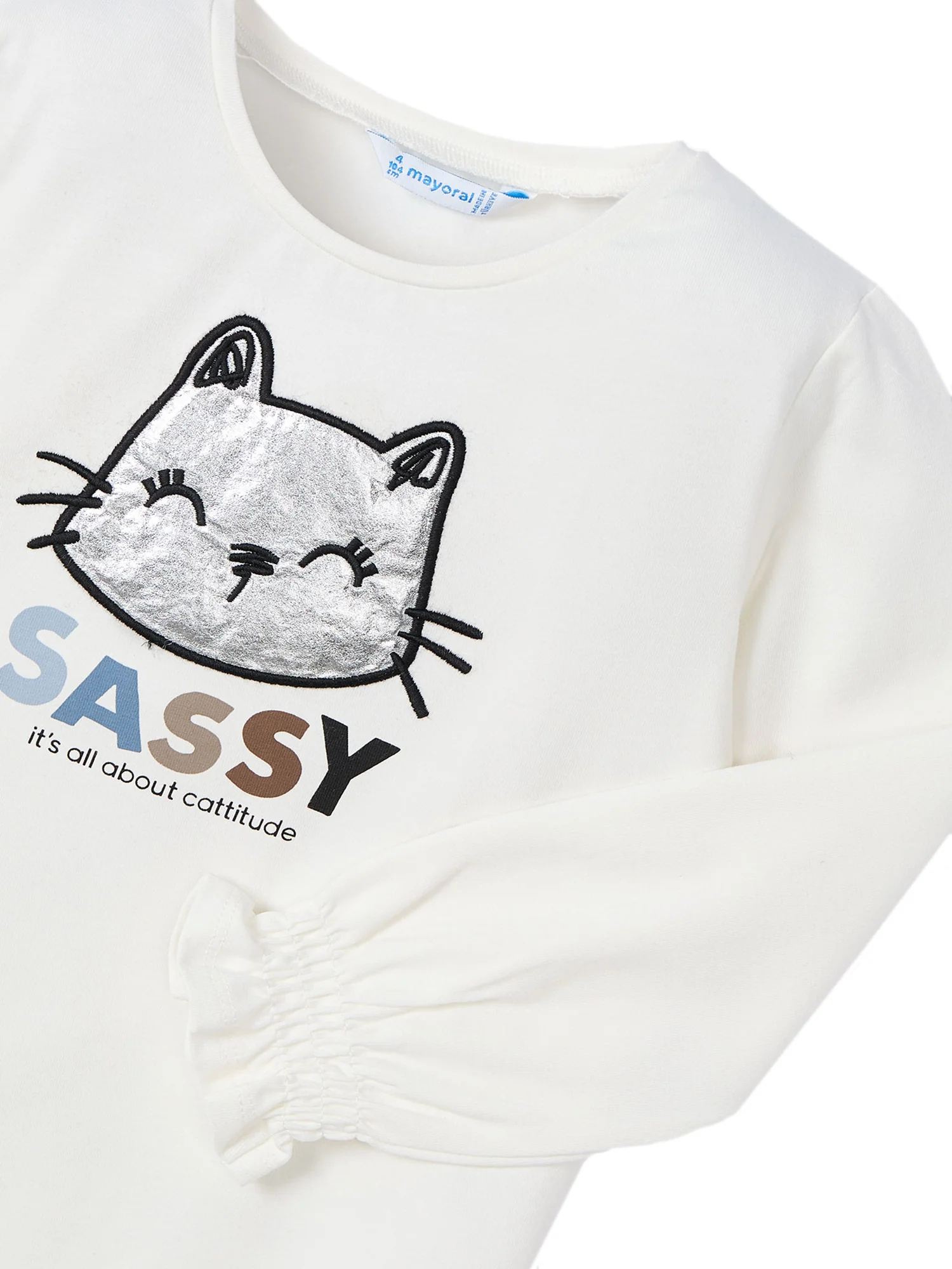 T-shirt manica lunga ricamo gatto panna - Image 2