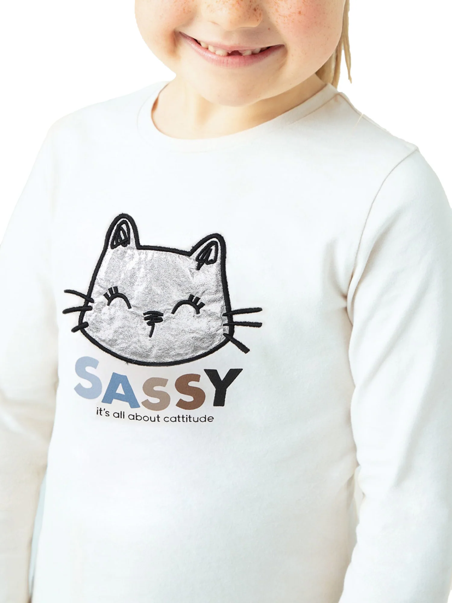 T-shirt manica lunga ricamo gatto panna - Image 3