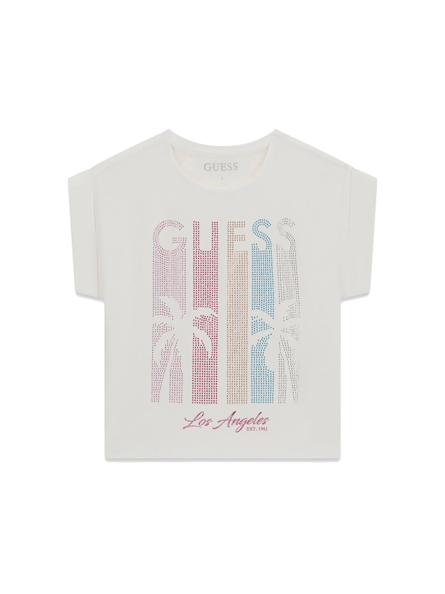 T-shirt Guess Bambina boxy logo strass bianco
