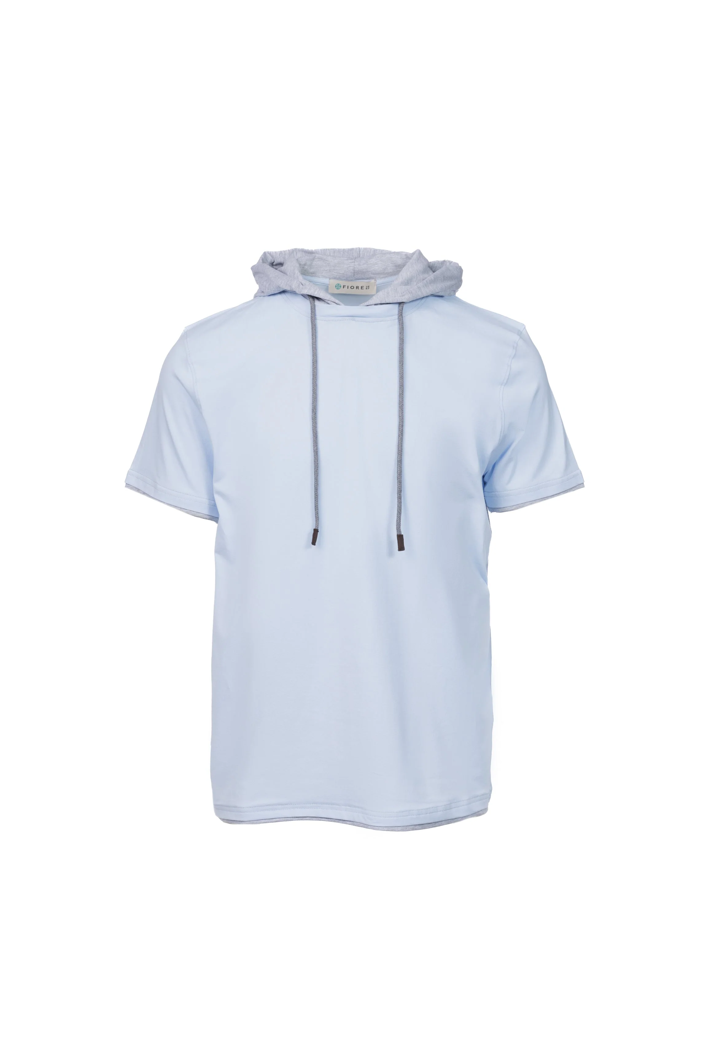T-shirt in cotone con cappuccio e bordino a contrasto cielo