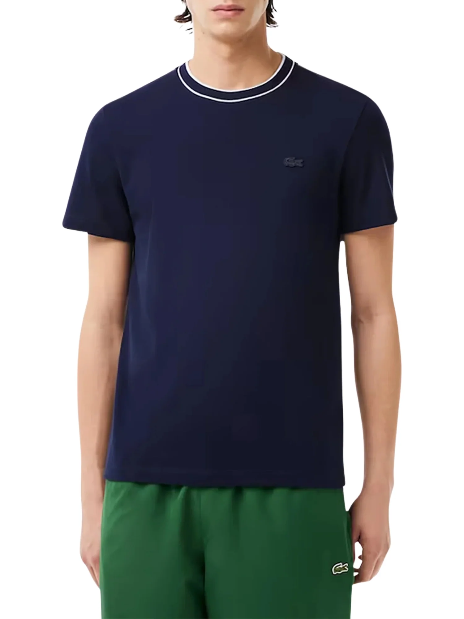 T-shirt Lacoste uomo con maniche corte e collo a righe modello piquet blu