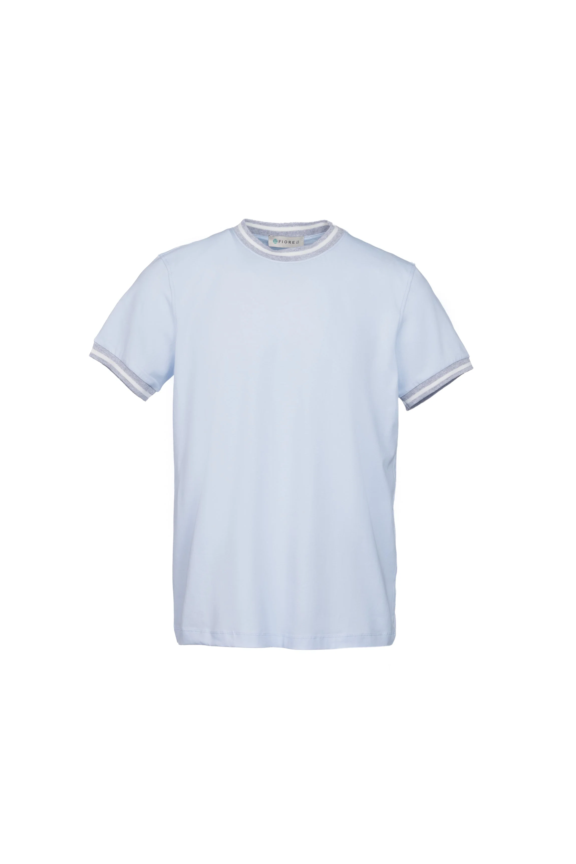 T-shirt in cotone elasticizzato con collo a costina celeste